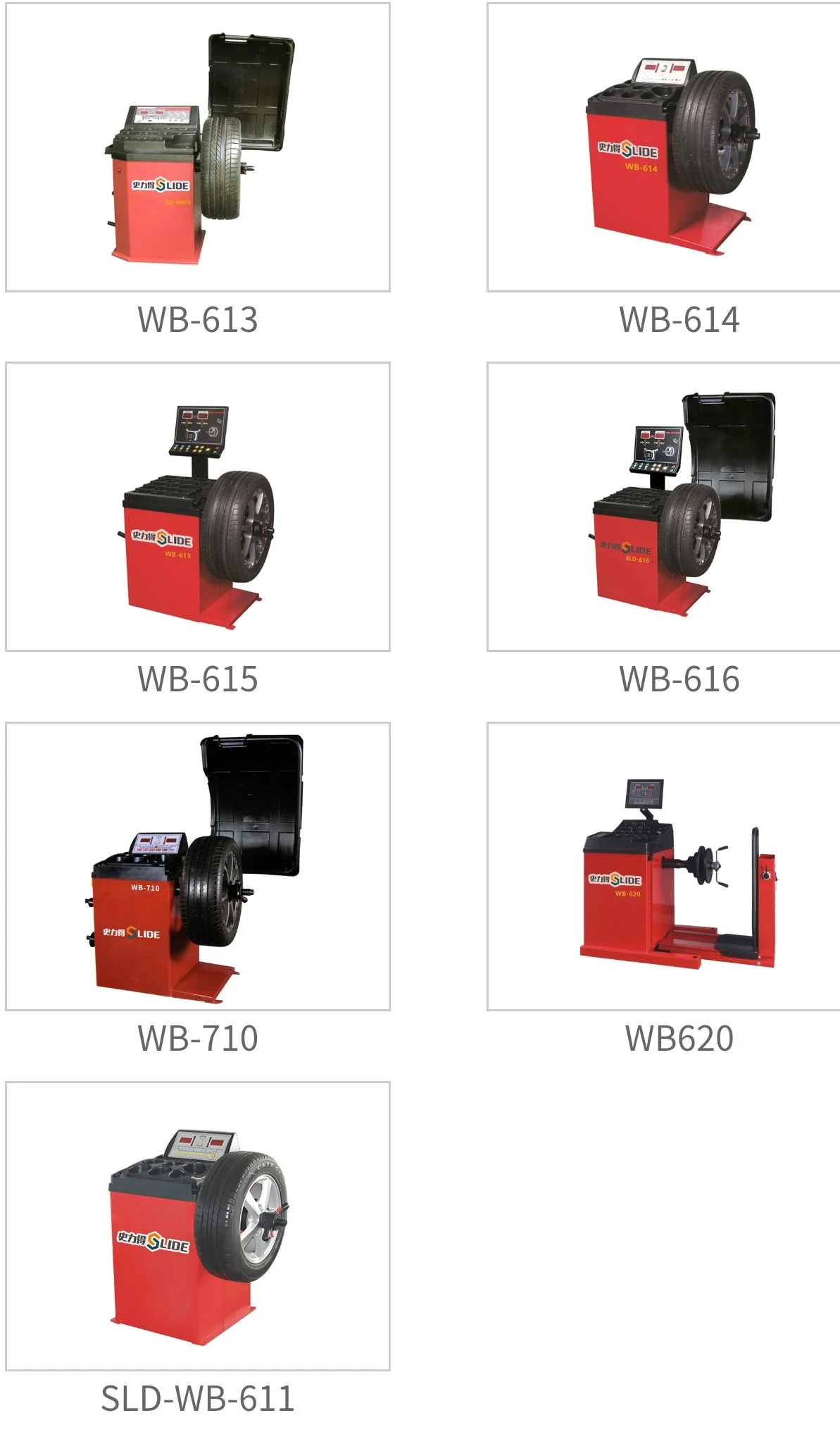 Verschiedene Reifentester und -auswuchtmaschinen, alle rot und schwarz, mit digitalen Anzeigen, für Autobereiche.