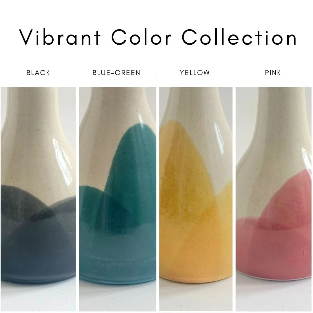 Decorative vase with a vibrant color collection, including black, blue-green, yellow, and pink sections, labeled accordingly.