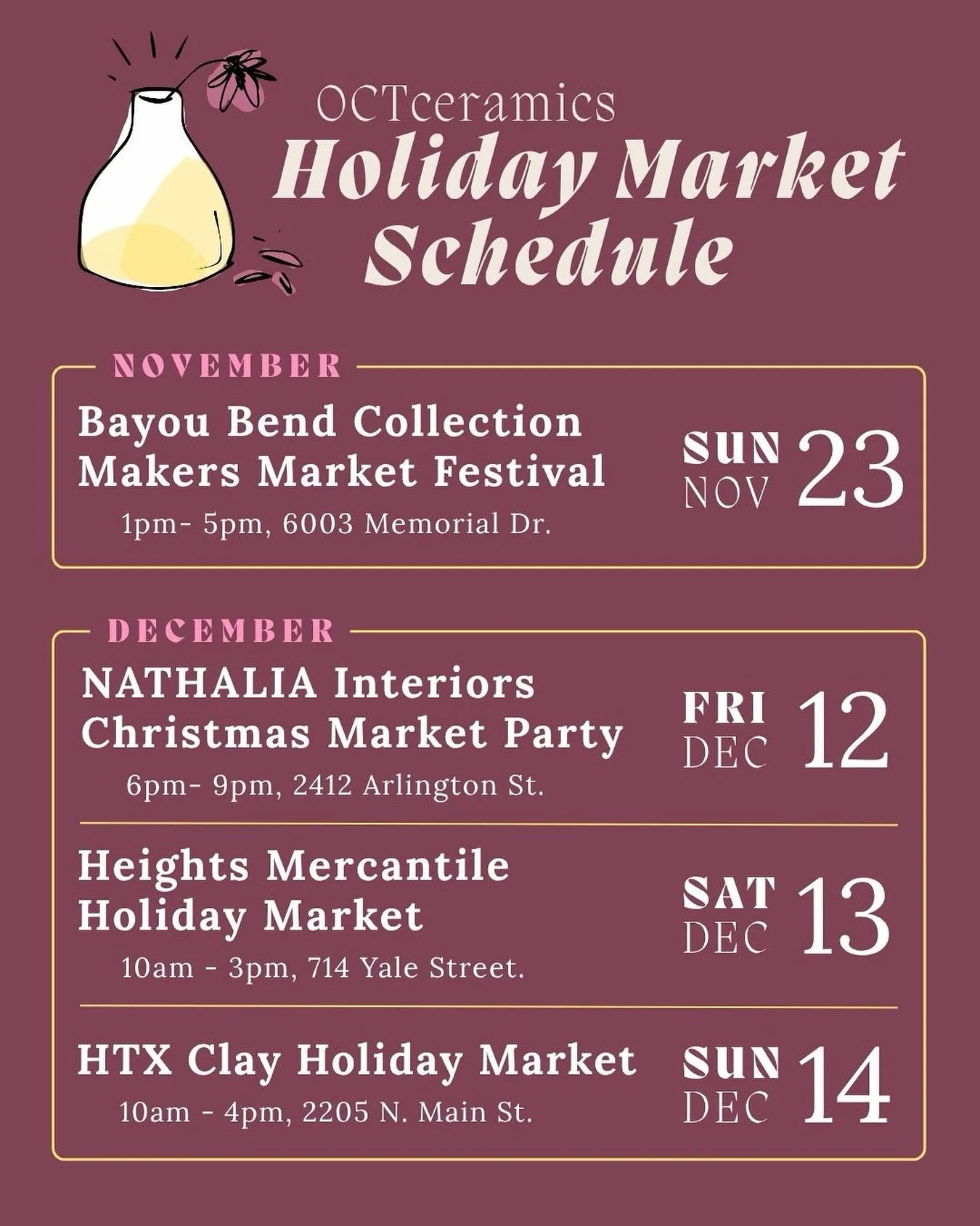 Happy fall!! Houstonians come out and enjoy our outdoor season at these fun events! All are free to attend and I&rsquo;ve been working in new shapes and designs to see and pick up and hold in your hands 🙌 
Come say hi as I emerge from the studio and