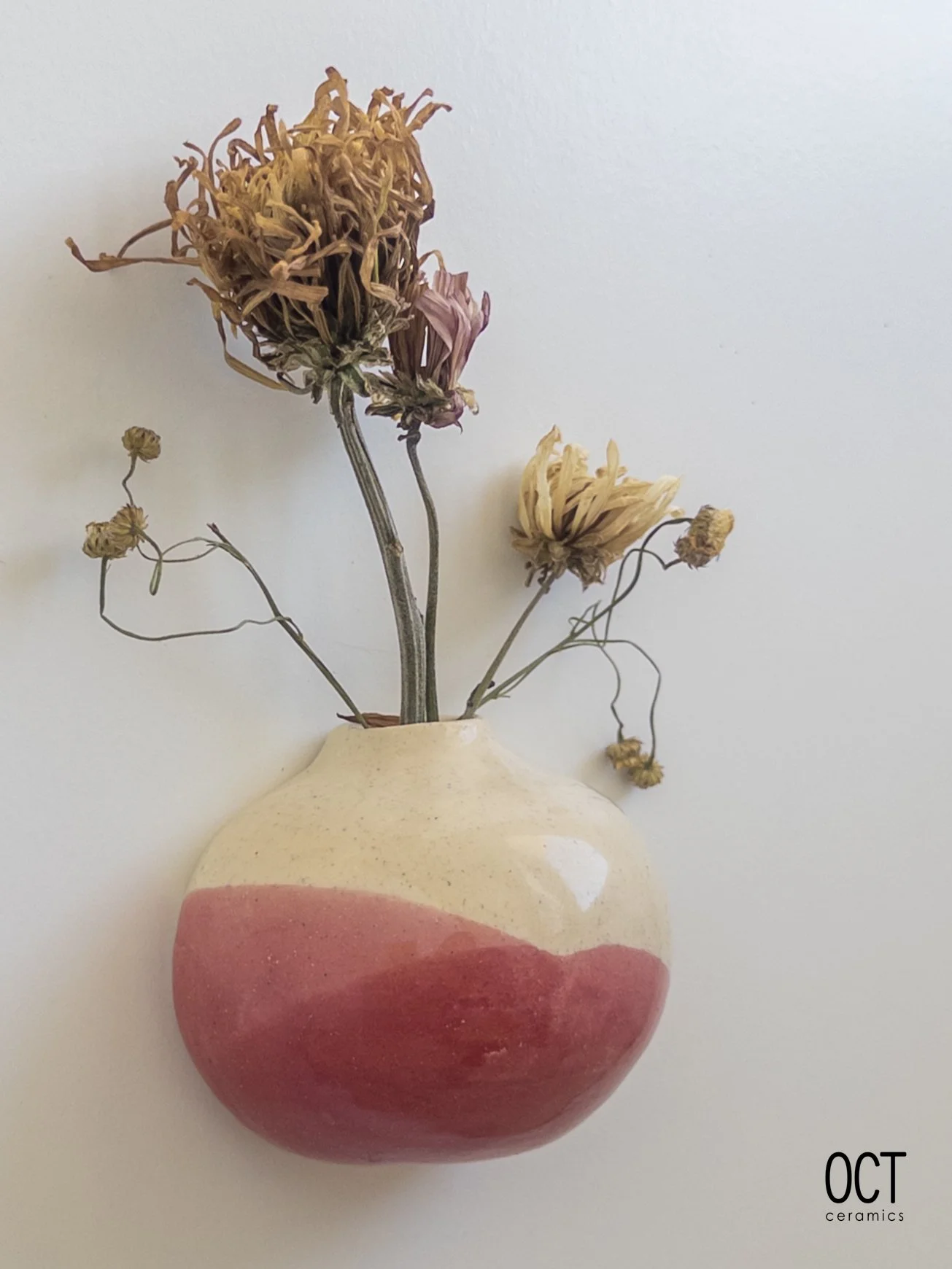Dried flowers in a ceramic wall vase with a pink wave pattern.