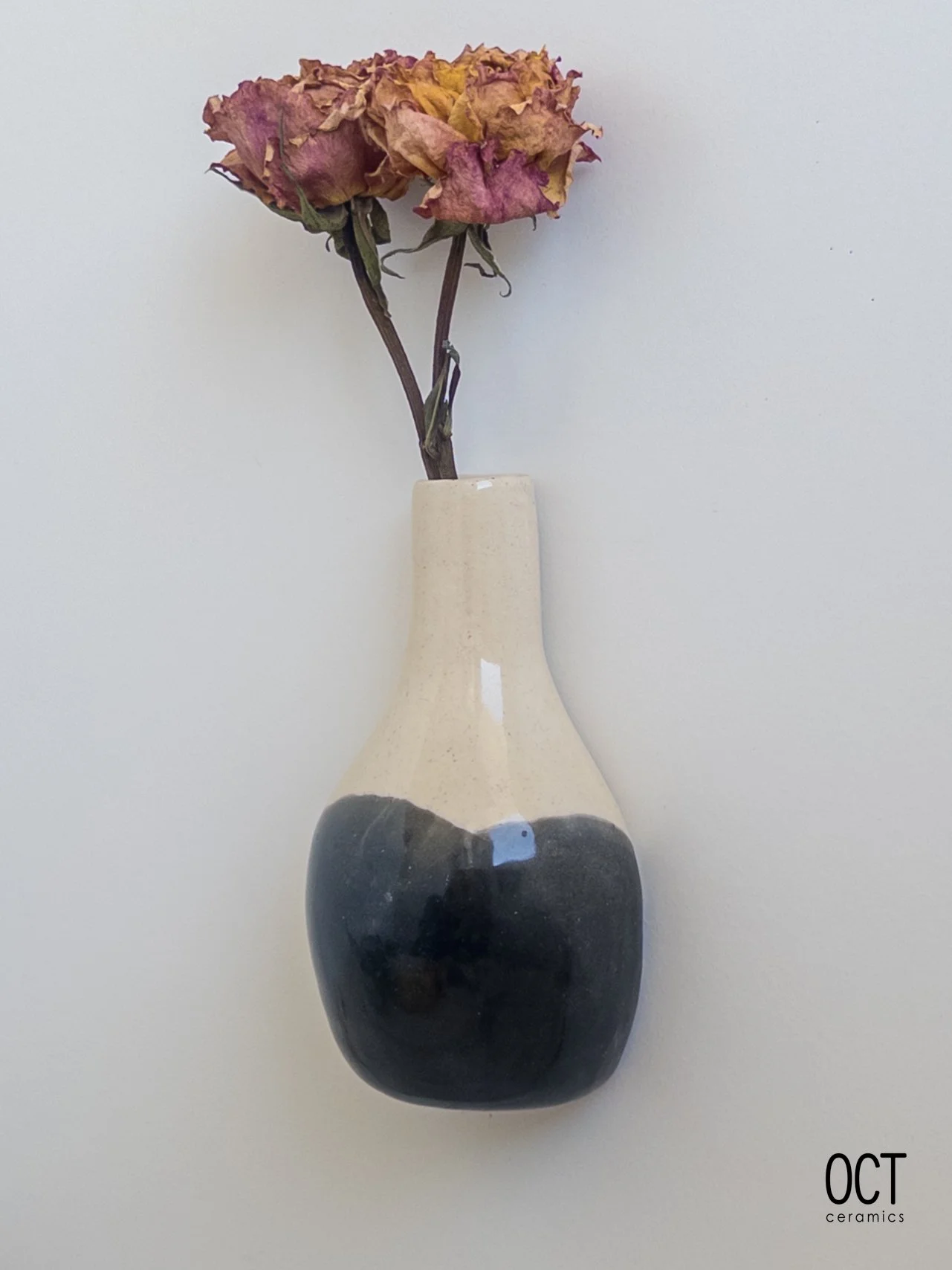 A ceramic vase with a two-tone design, hanging on a wall, holding dried, wilted pink and yellow roses against a plain white background.