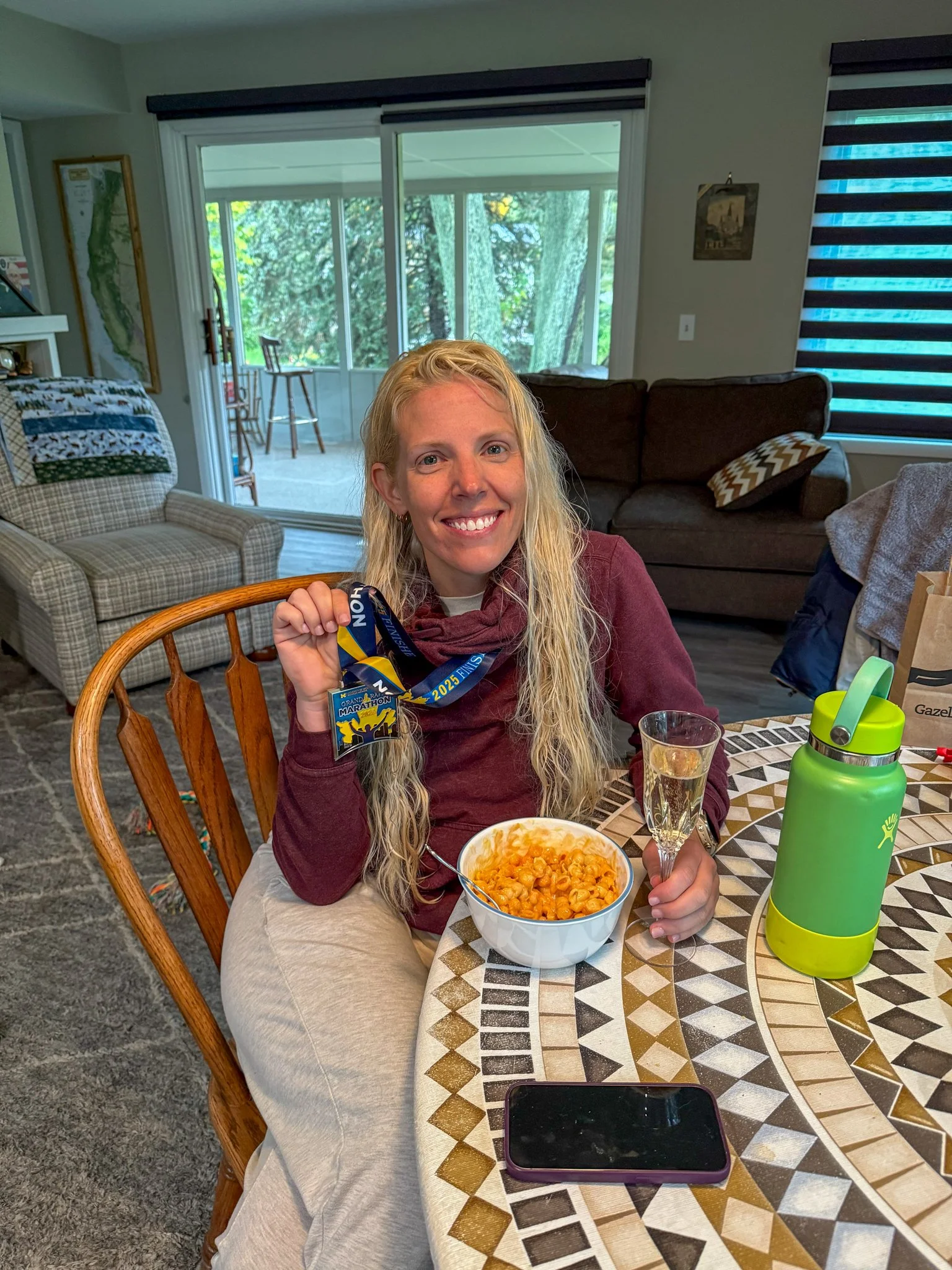  Favorite guilty pleasure meal with champagne and my finisher medal 