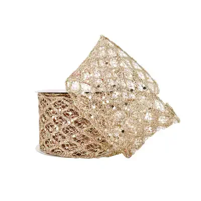 Champagne Wired Wide Mesh Ribbon: Click To Shop - 