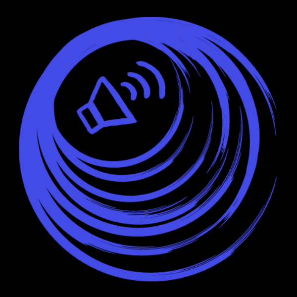 Blue circular icon with a speaker symbol and sound waves on a black background.