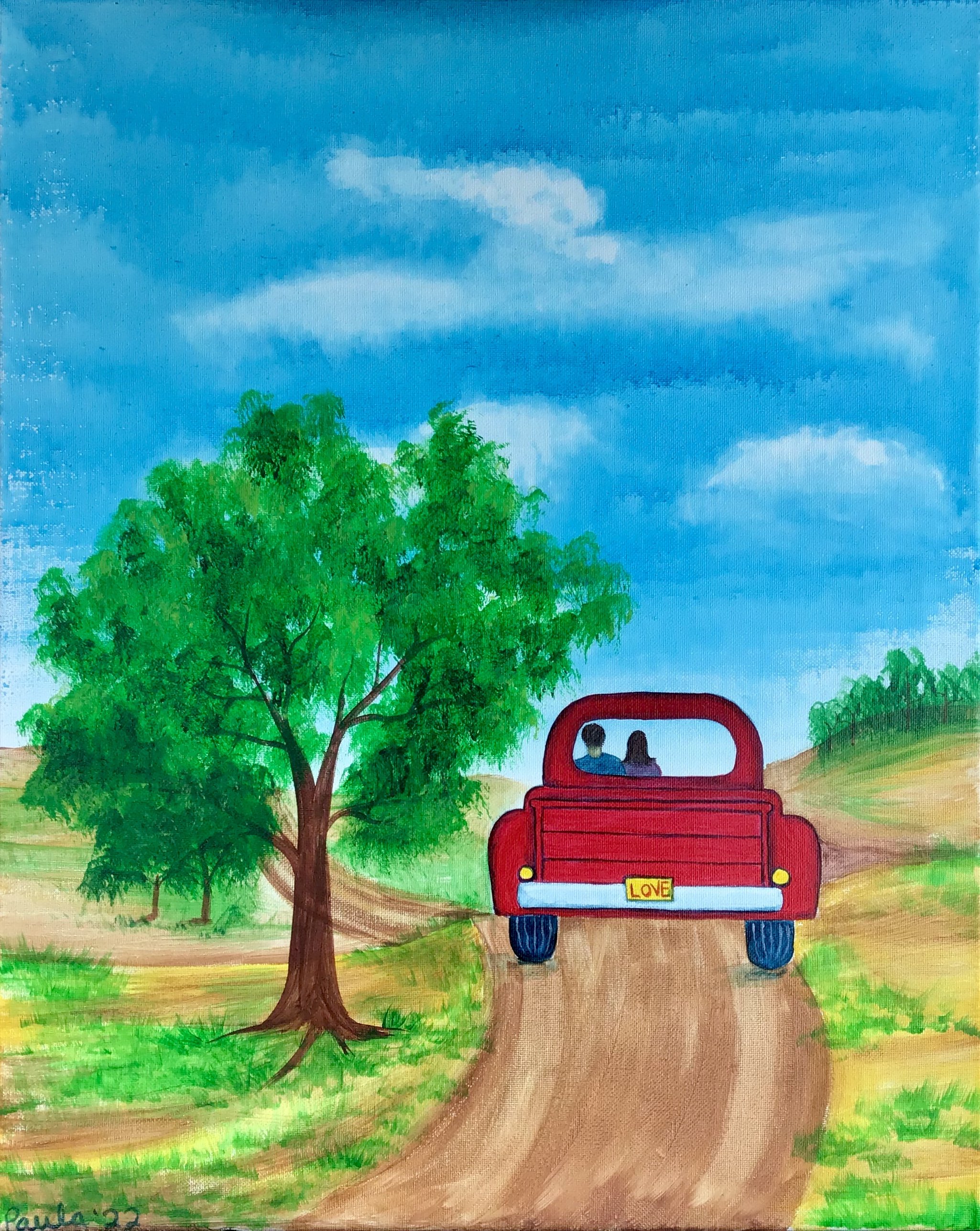 Painting of a red truck with a "LOVE" license plate driving on a dirt road, surrounded by green fields and trees, under a blue sky with clouds. Paint party acrylic painting.