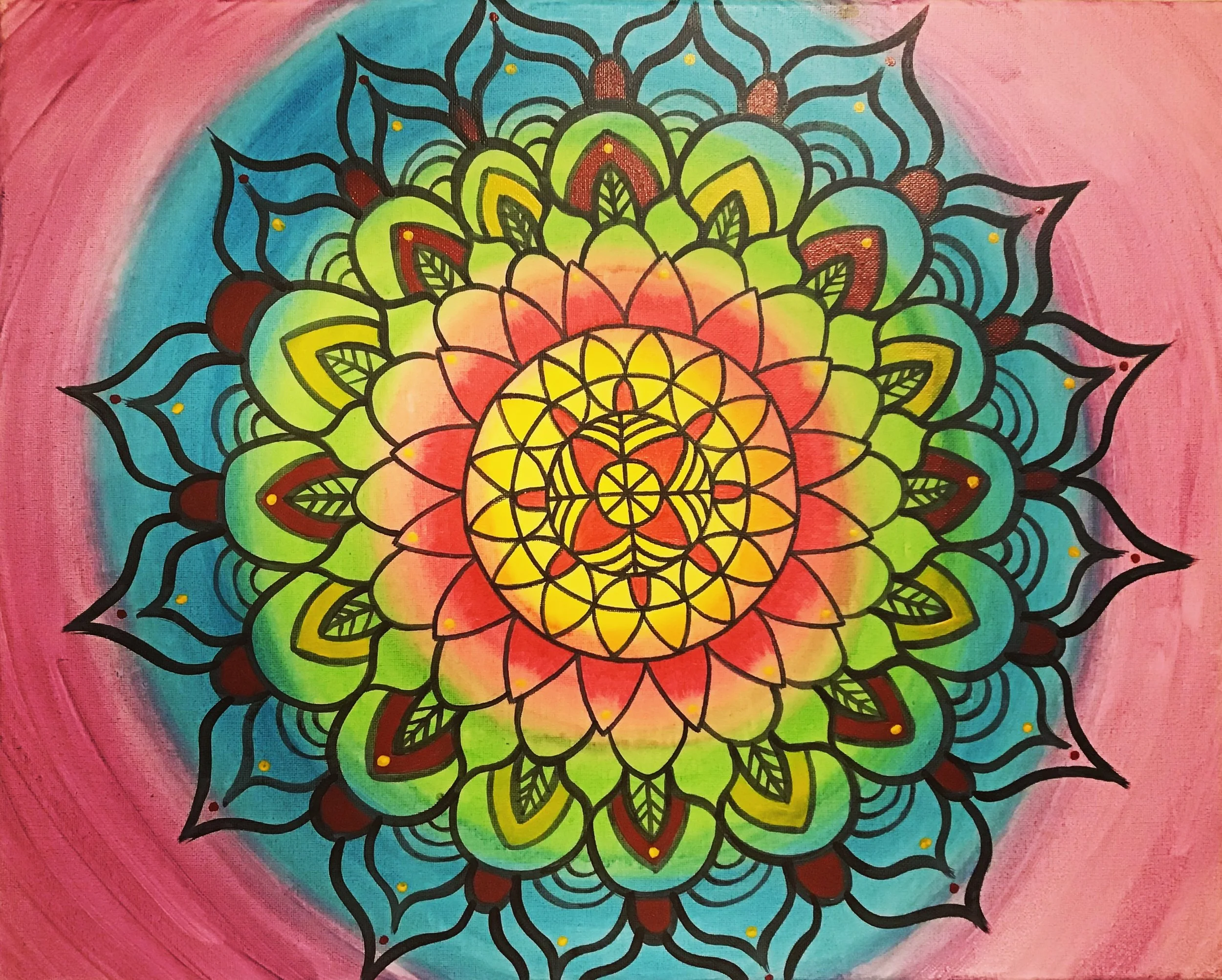 Colorful mandala with pink, green, yellow, and blue patterns on a pink and blue background. Paint party acrylic painting.