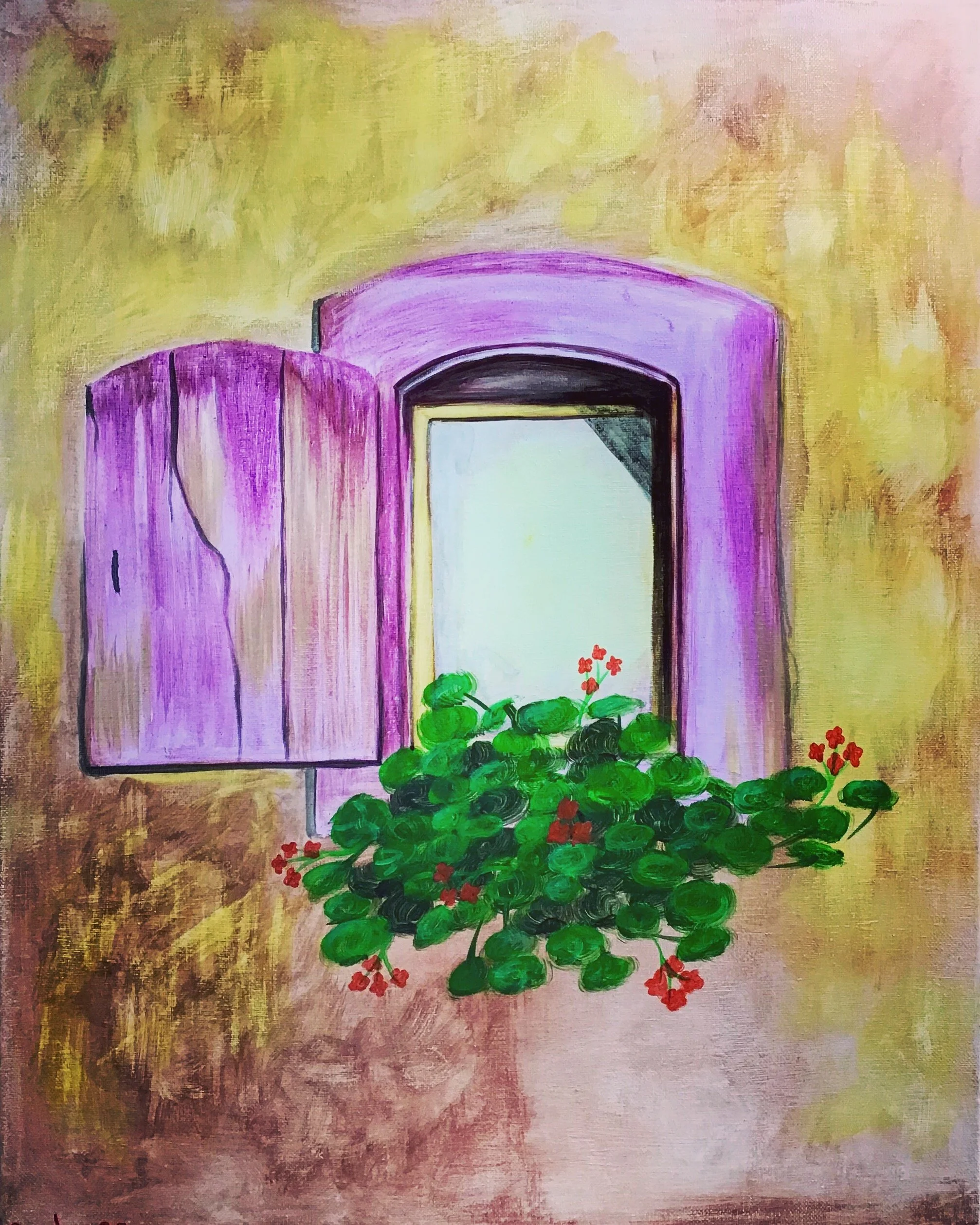 Painting of a purple-framed window with one open wooden shutter, surrounded by a textured beige wall, and green leafy plants with red flowers growing at the base. Paint party acrylic painting.