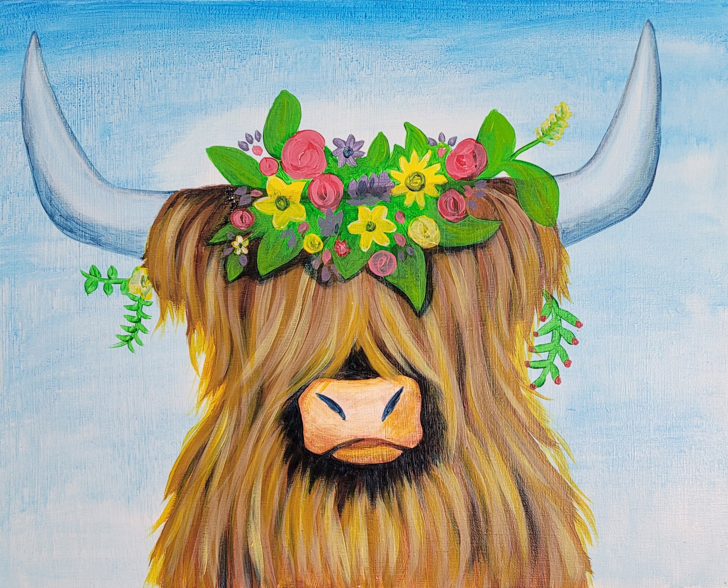 Painting of a Highland cow with long brown hair, large horns, and adorned with a colorful flower crown. Paint party acrylic painting.