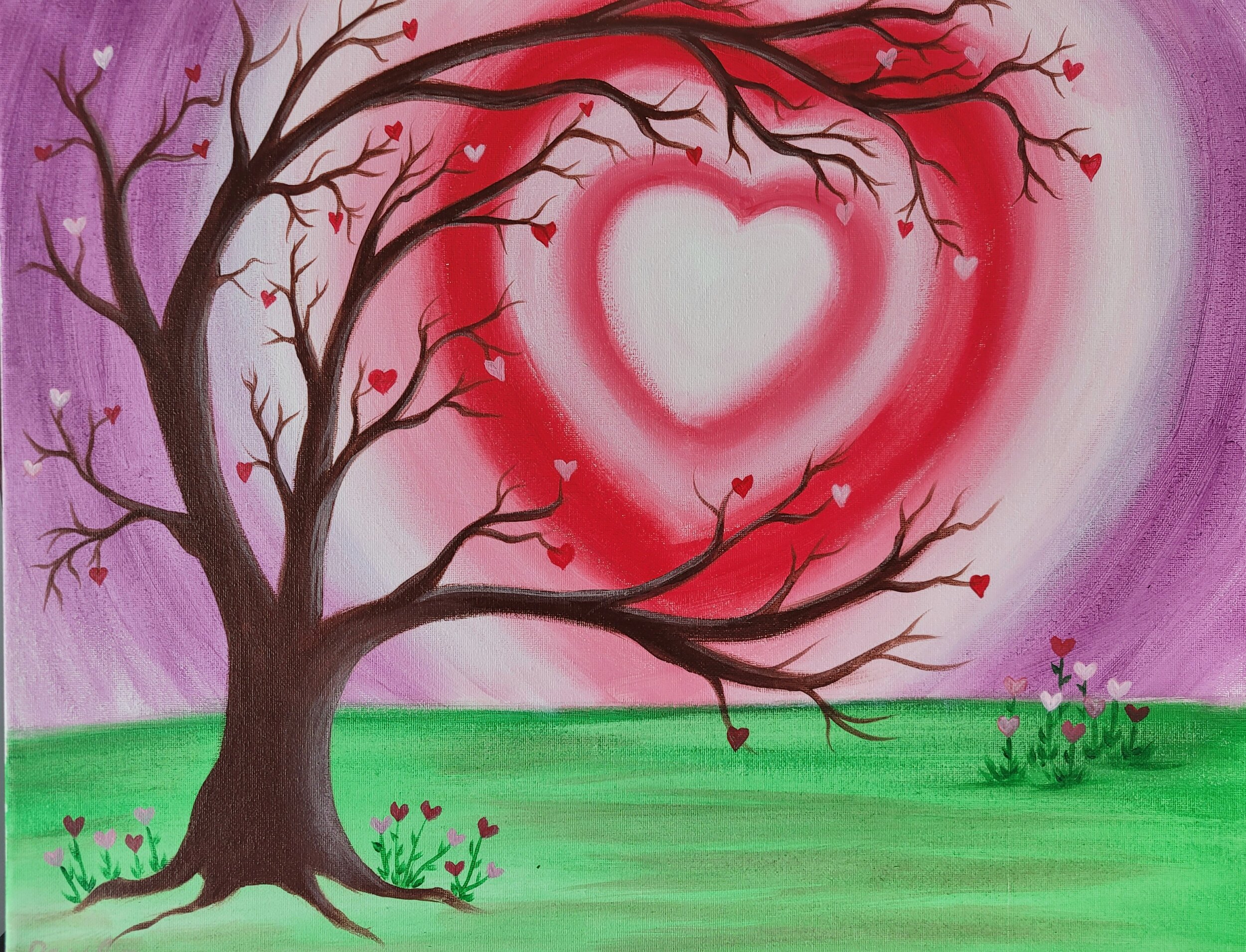 Tree with heart-shaped leaves against a heart-patterned sky and green grass. Paint party acrylic painting.
