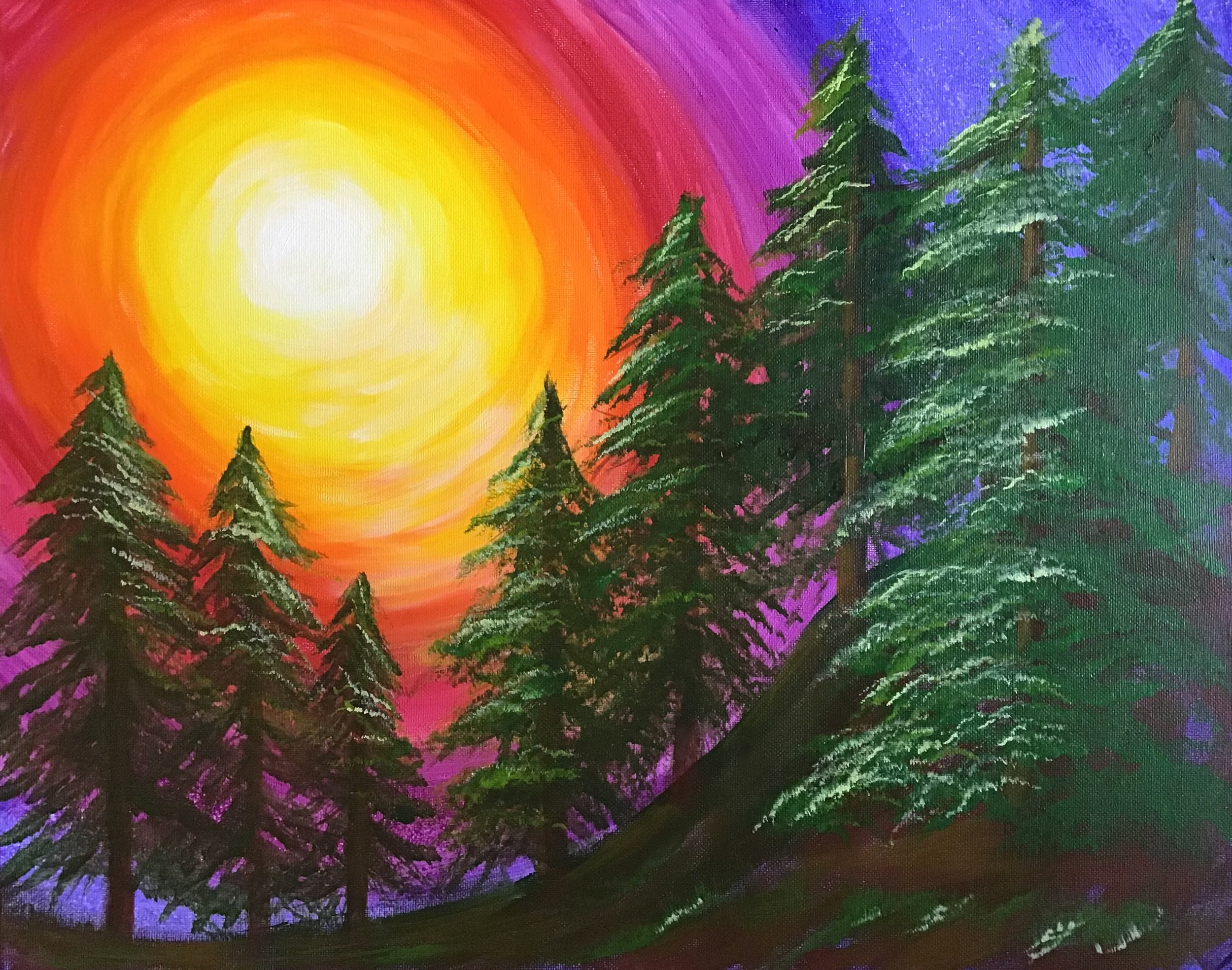 Colorful painting of a forest with a vibrant sunset or sunrise in the background. Tall pine trees on a hill are silhouetted against a bright yellow and orange sky, blending into purples and blues. Paint party acrylic painting.