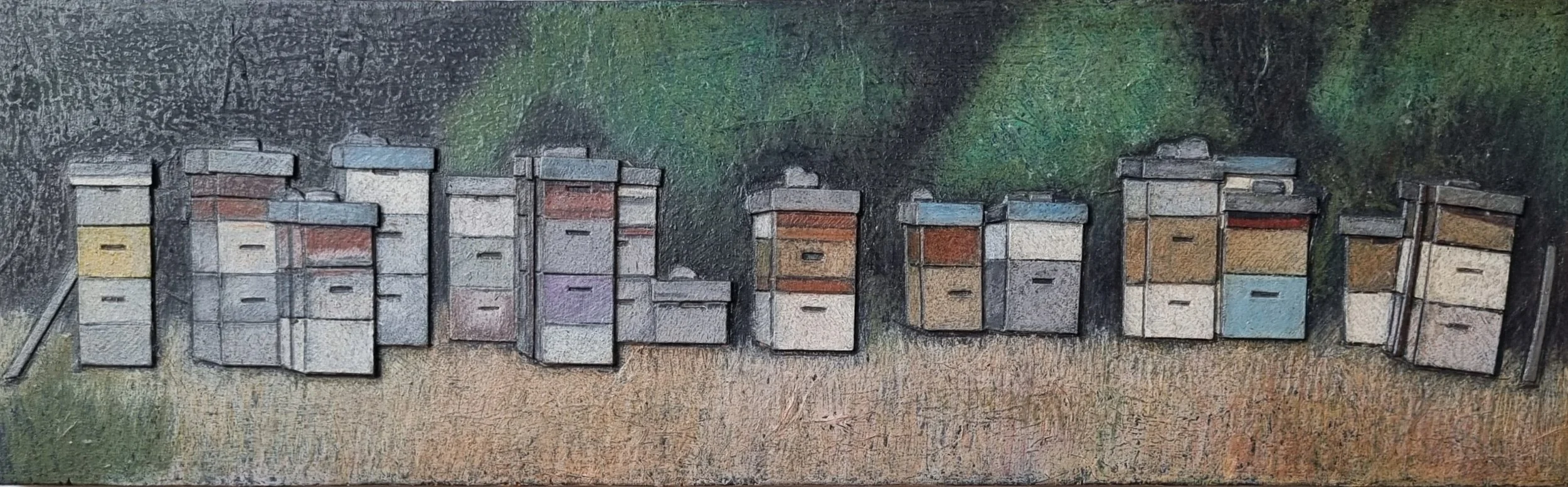 'Beehives near Miller's Flat'
Mixed Media
591cm x 15cm
$350