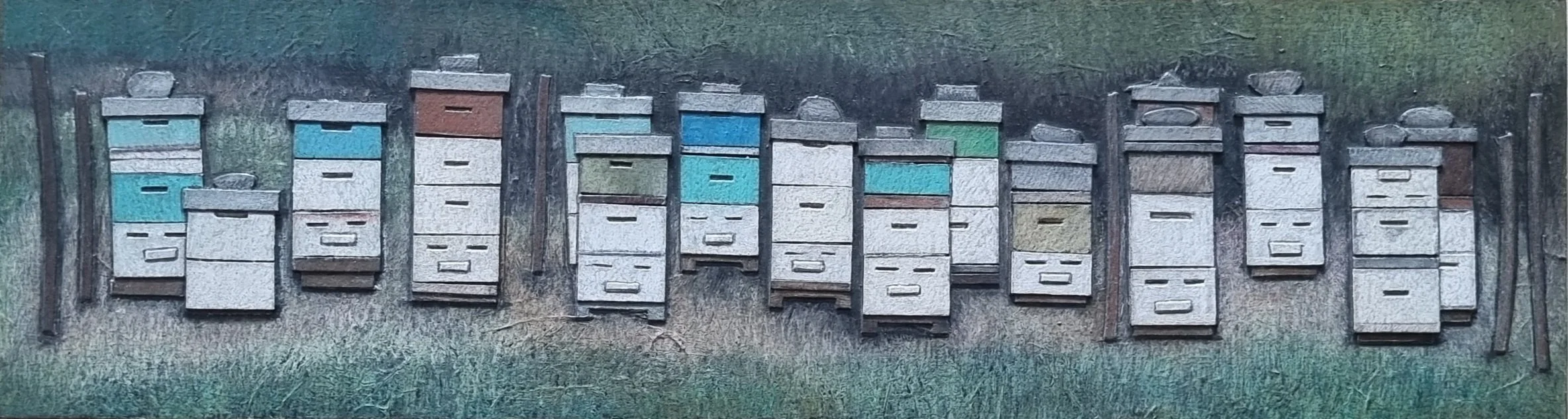 'Beehives at Totara'
Mixed Media
59cm x 16cm
$420