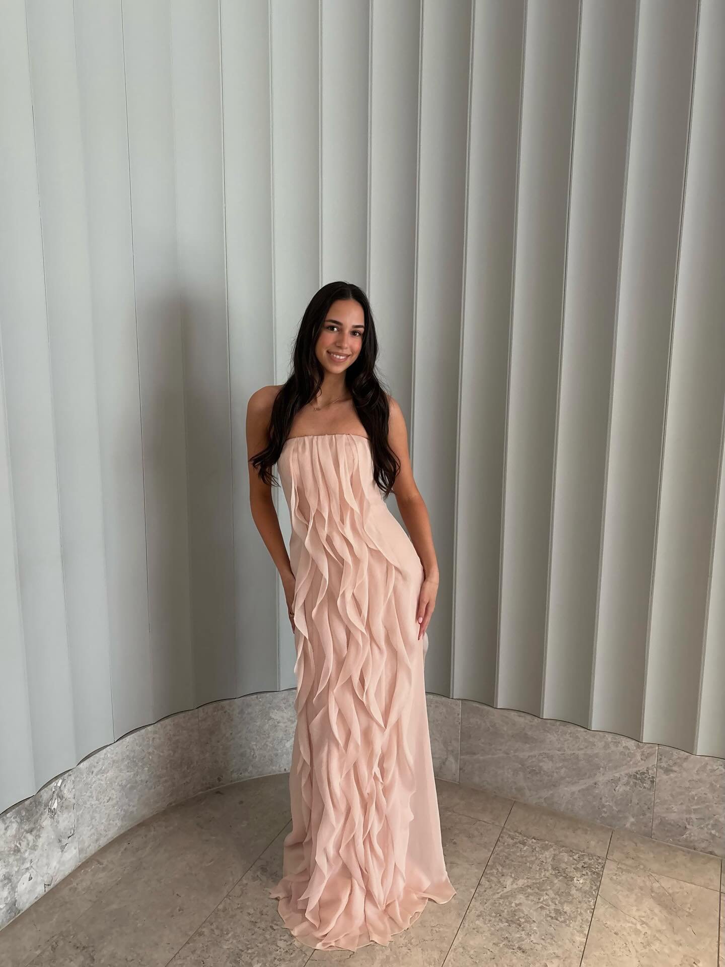 Welcome to the Cassandra ruffle gown, a gorgeous vintage Vera Wang piece added to our collection 💗
size: s 
hire: $150