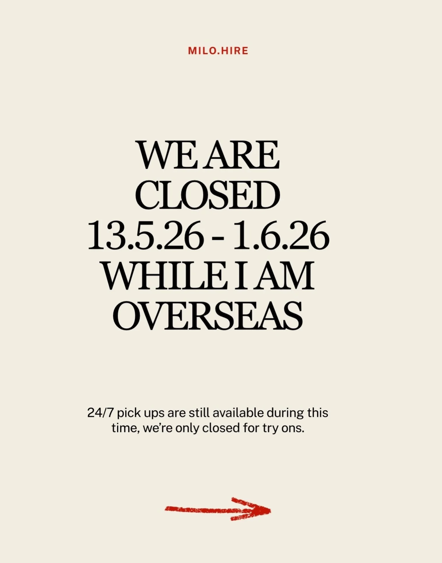 I&rsquo;ll be overseas from May 13th &ndash; June 1st ✨
During this time, try-ons will be unavailable. Pickups will still be available as usual.

I&rsquo;ll do my best to reply to everyone as quickly as I can, but please be patient with me while I&rs