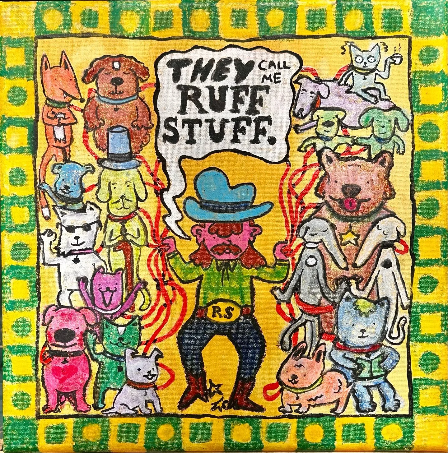 Ruff Stuff | Oil Pastel and Gouache on 12&rdquo;x12&rdquo; canvas

This rootin&rsquo; tootin piece was inspired by a dog walker wrangling &lsquo;bout seven dogs on his ownsome lonesome out in Los Angeles&rsquo;s Griffith Park. 

Tag yourself as your 