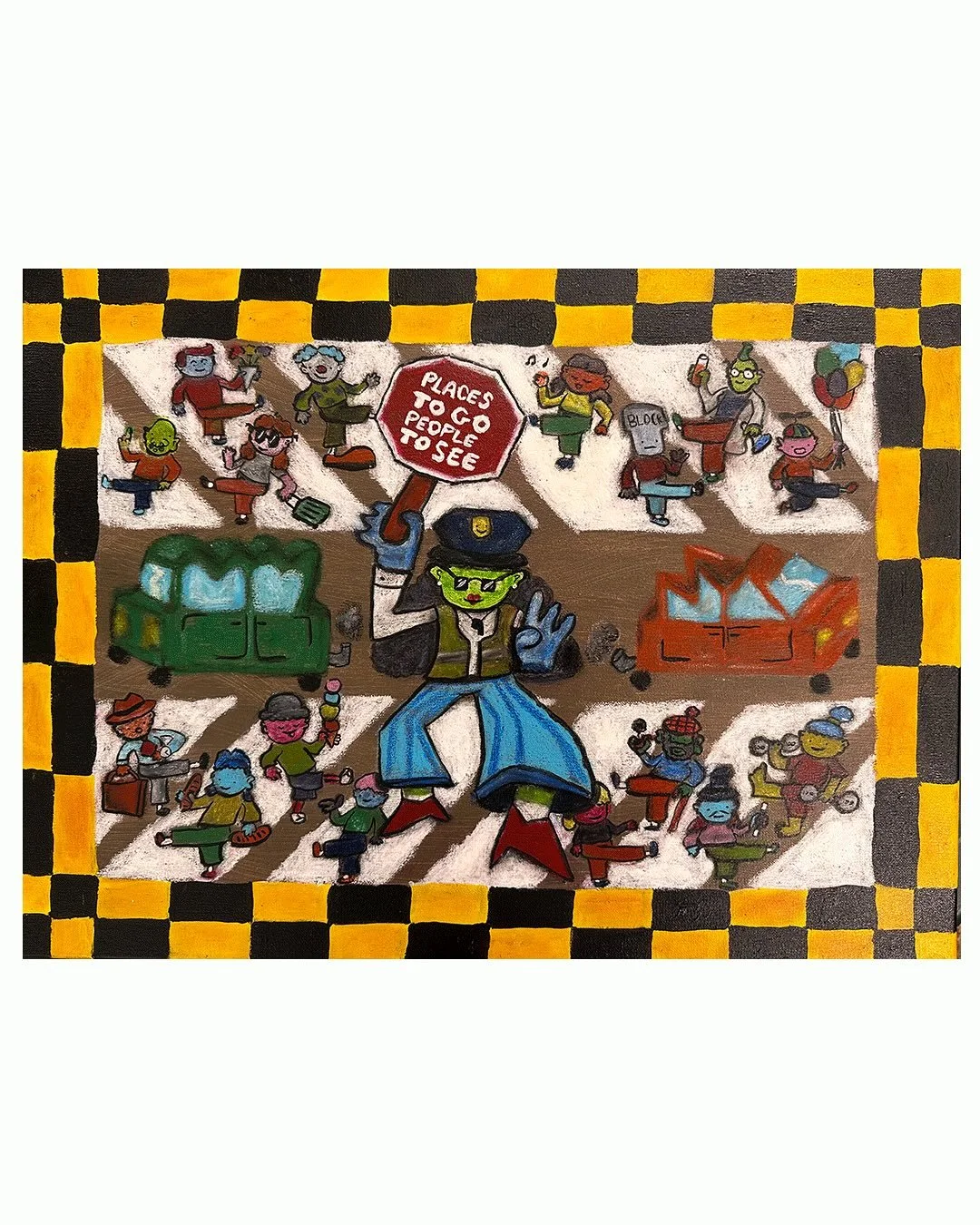 Places to Go, People to See! | Oil pastel, acrylic, and gouache on 24&rdquo; x 18&rdquo; canvas

This one is based off an older doodle that I wanted to bring to the next level. We&rsquo;re all going somewhere with our own way of getting there :{)