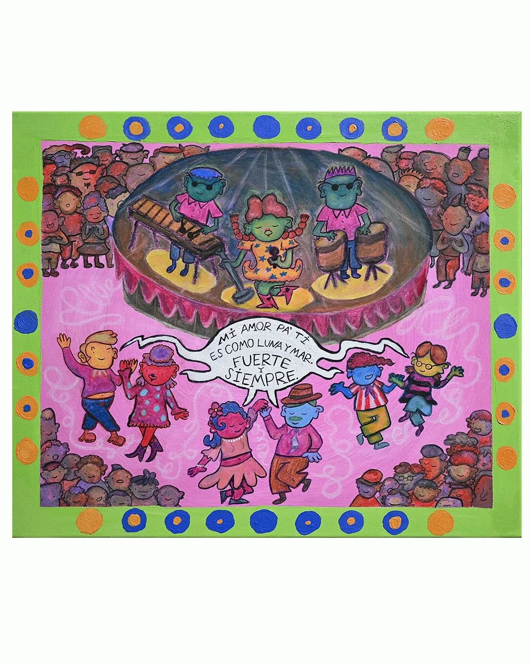 Fuerte y Siempre | Oil Pastel, Gouache, and Acrylic on 20&rdquo; x 24&rdquo; canvas

The inspiration from this piece comes from the Valentine&rsquo;s Day Dance in Oaxaca! I very quickly fell in love with the city during my time there in February. Eve