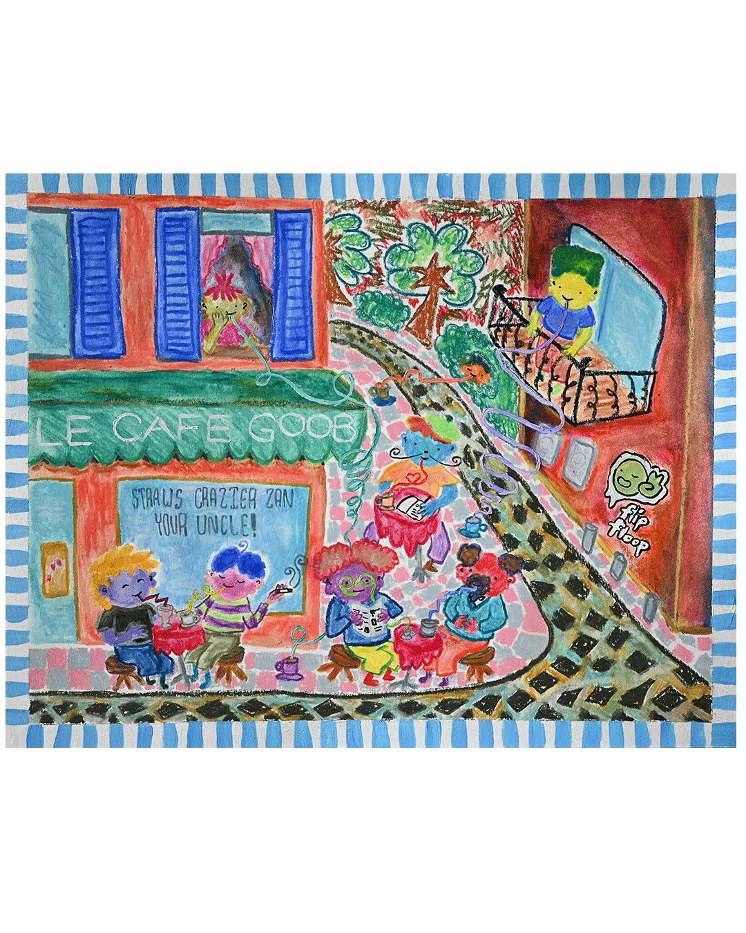 Le Caf&eacute; Goob | Oil pastel and acrylic on 11&rdquo; x 14&rdquo; paper

Come on down to Le Cafe Goob where the people are silly and the straws are sillier! This piece is a rework of une aquarelle that I did last year on the Camino and is inspire