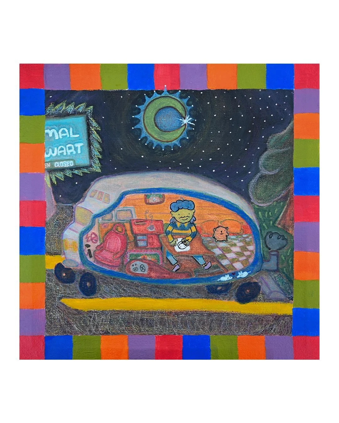 My studio has 4 wheels | Pastel and Acrylic on 18&rdquo;x18&rdquo; canvas 

This painting has the special honor of being painted on the first ever canvas that I prepared myself! What better way to commemorate that then with a self portrait of me in m