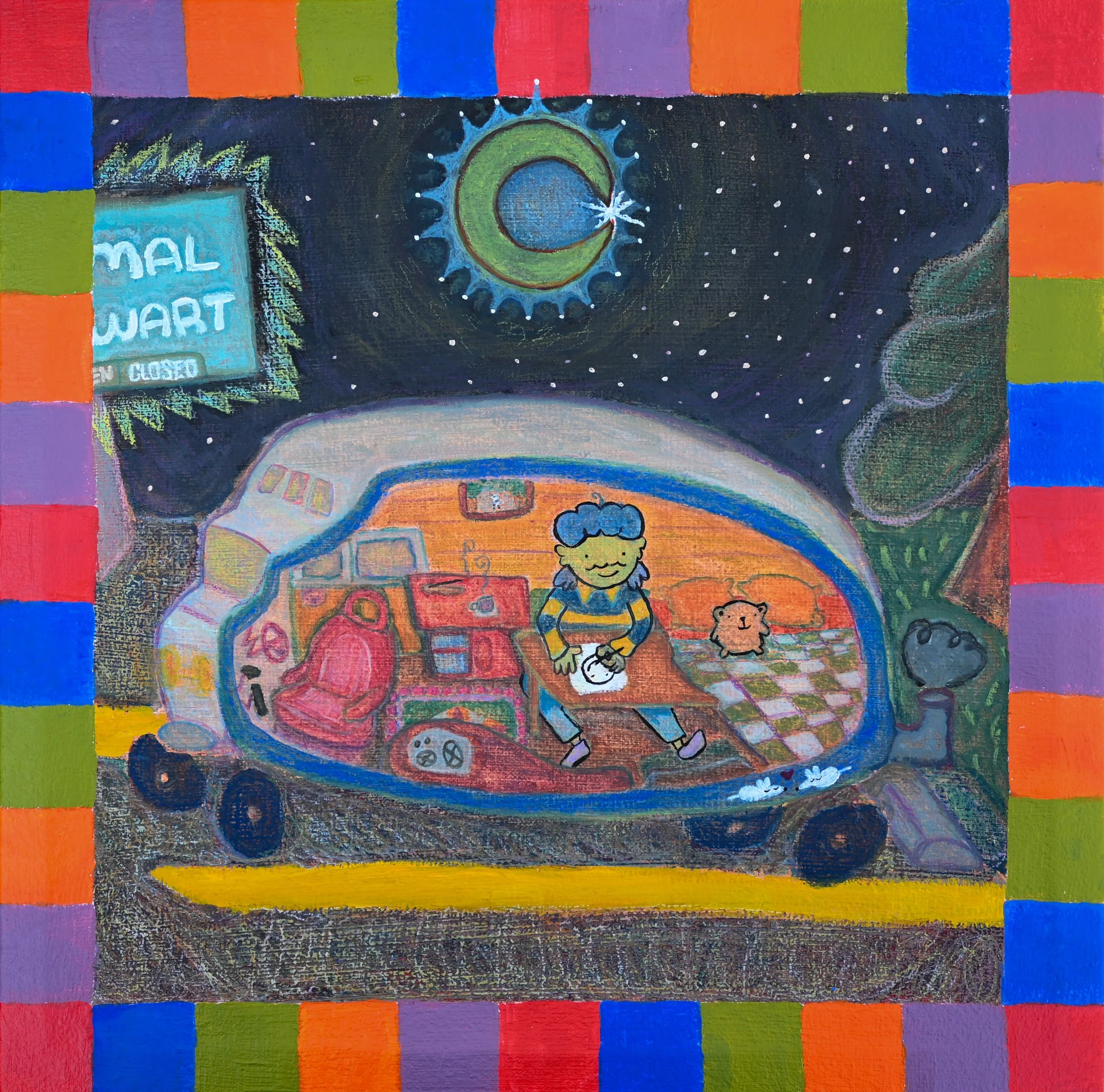 My Studio has 4 wheels | Wax Pastel, Acrylic, and Gouache | 18" x 18" | 2026
