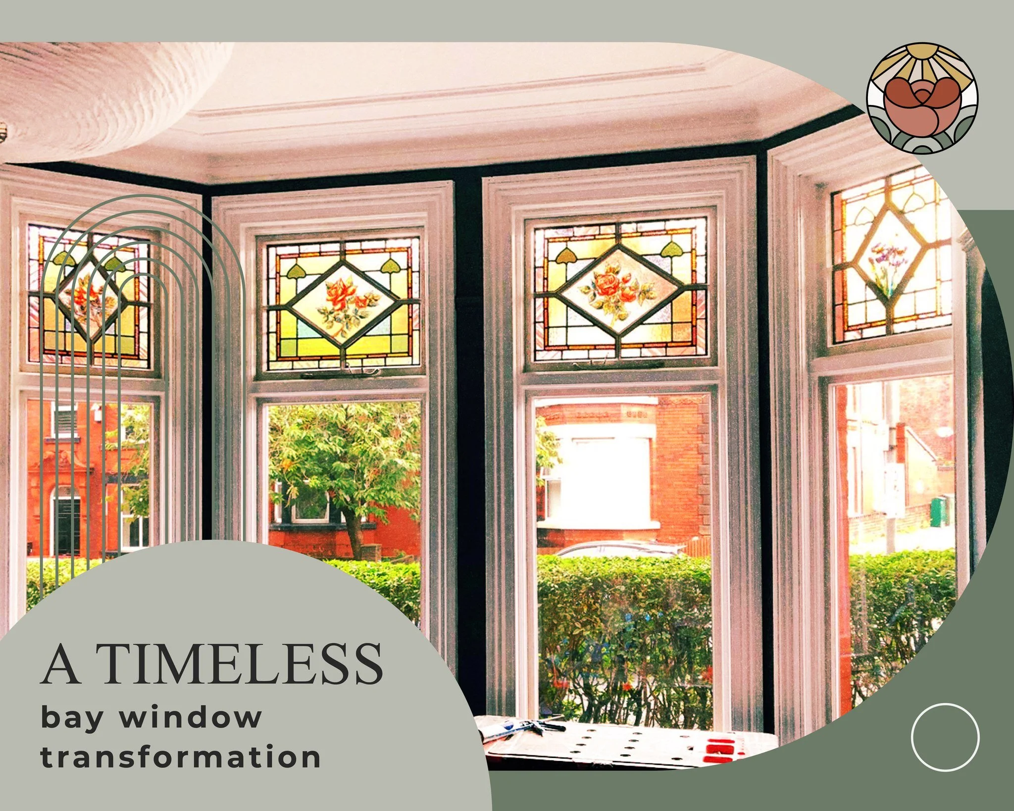 A perfect example of how stained glass can turn a simple bay window into the centrepiece of a room. With bold colours, floral details, and timeless craftsmanship, this installation captures the artistry and tradition we&rsquo;re proud to continue at 