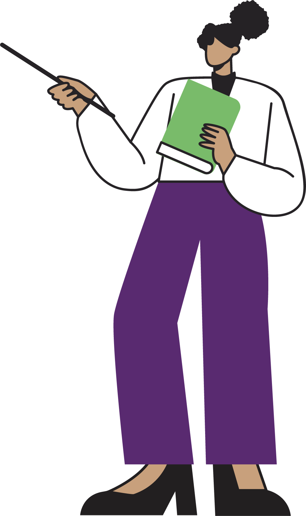 Illustration of a teacher holding a book and pointing with a stick.