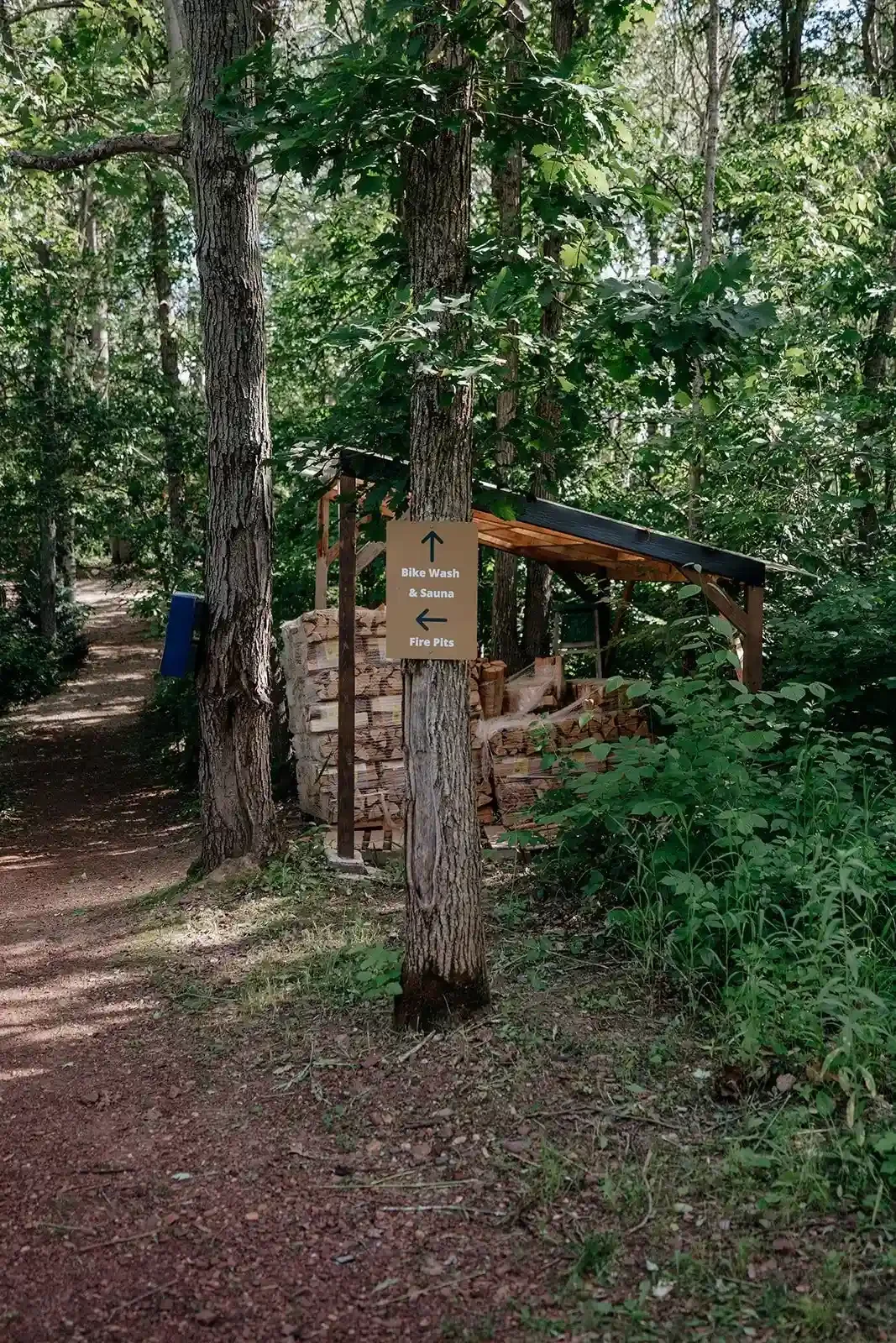 Forest path with a wooden structure and sign directing to bike wash, sauna, and fire pits.