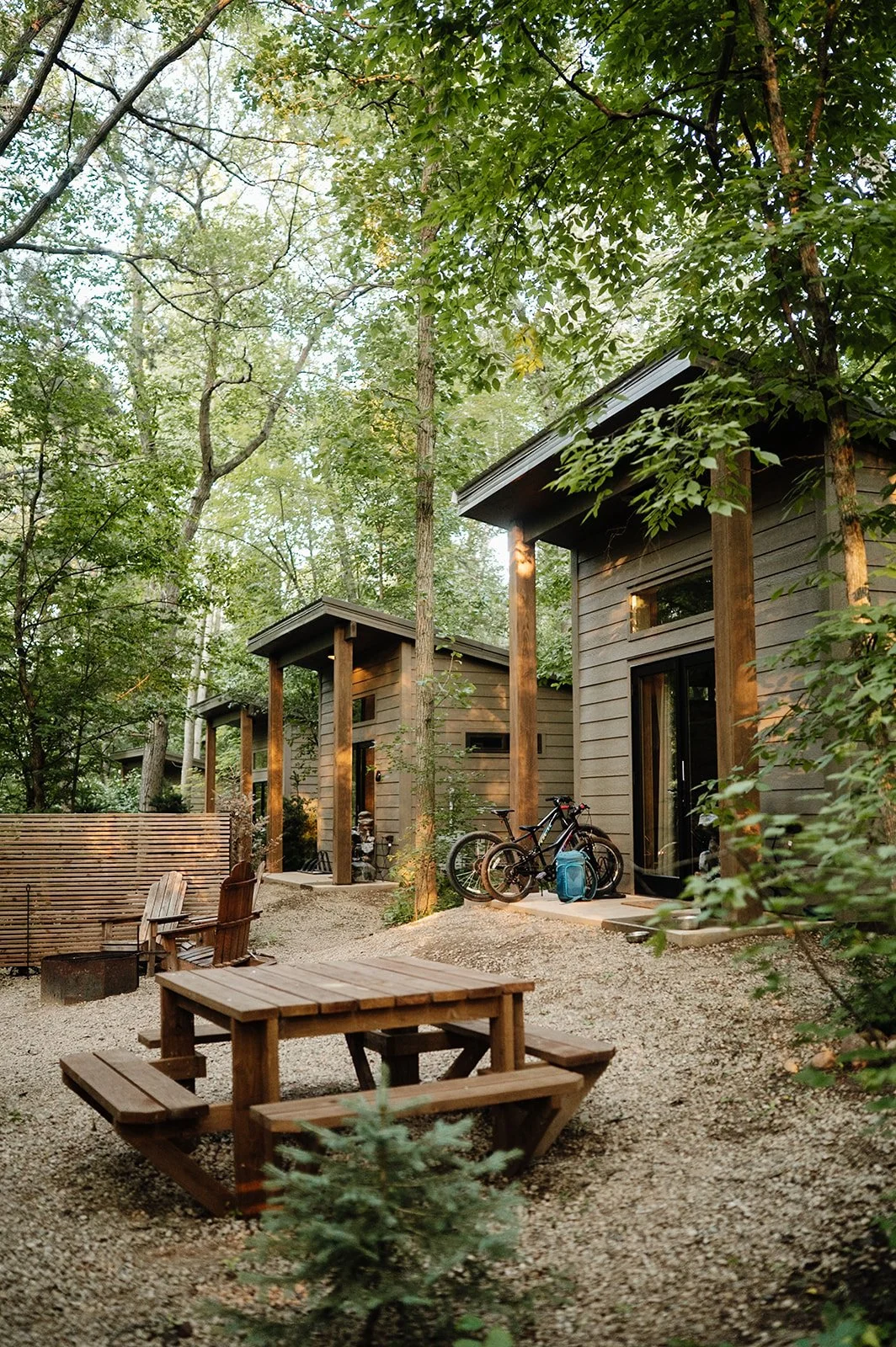 Five glamping bungalows at Cuyuna Cove in Crosby MN near the Cuyuna mountain bike trails and mine lakes