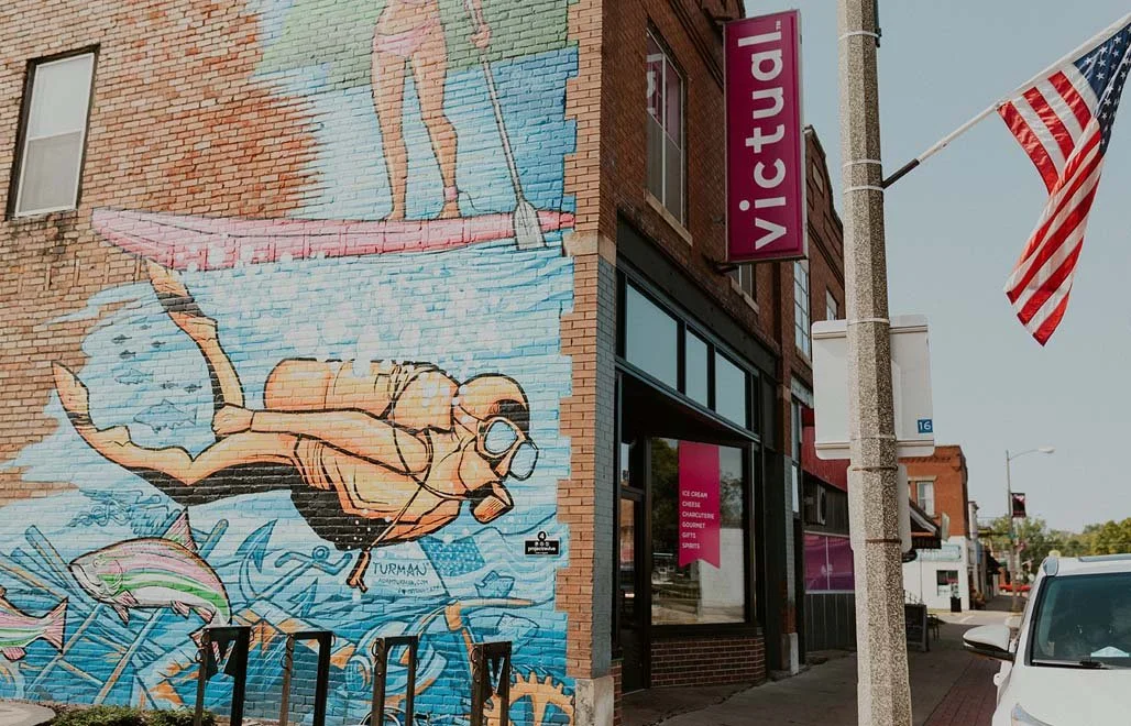 Victual shop and mural on Historic Main Street in Crosby Minnesota near the Cuyuna bike trails