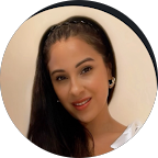 Google review of Lemelana MedSpa. Close-up of a young woman with long dark hair, smiling, wearing earrings, against a dark circular background.