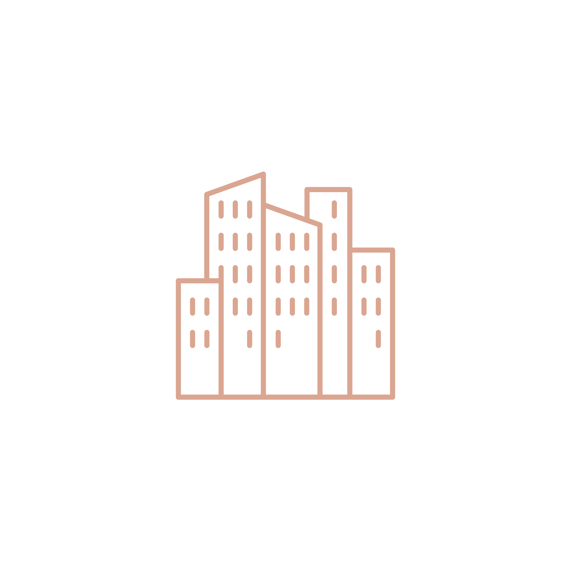 Outline illustration of a city skyline with multiple tall buildings on a black background.