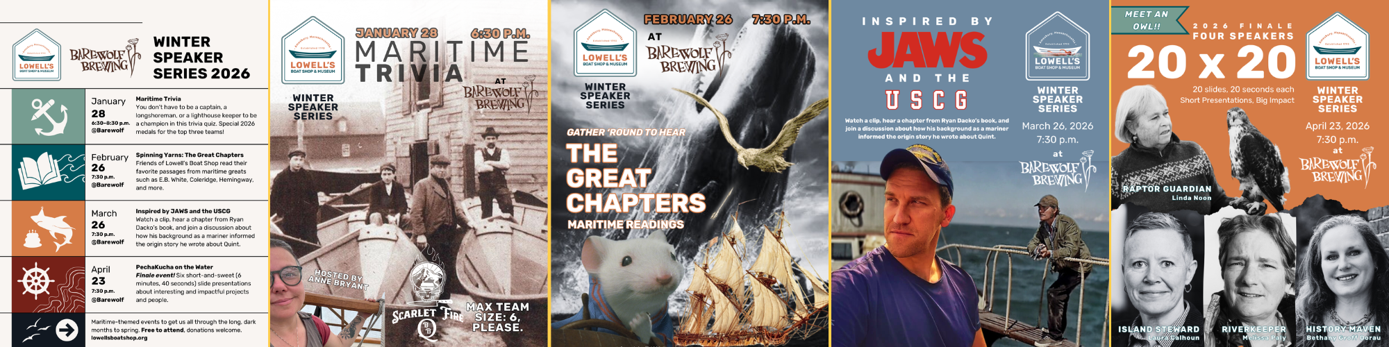 Five posters with details about the four events scheduled for the Lowell's Boat Shop Winter Speaker Series during winter 2026