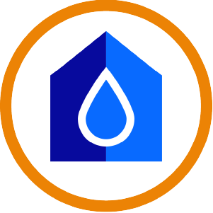 Water droplet icon inside a house outline with a circular border