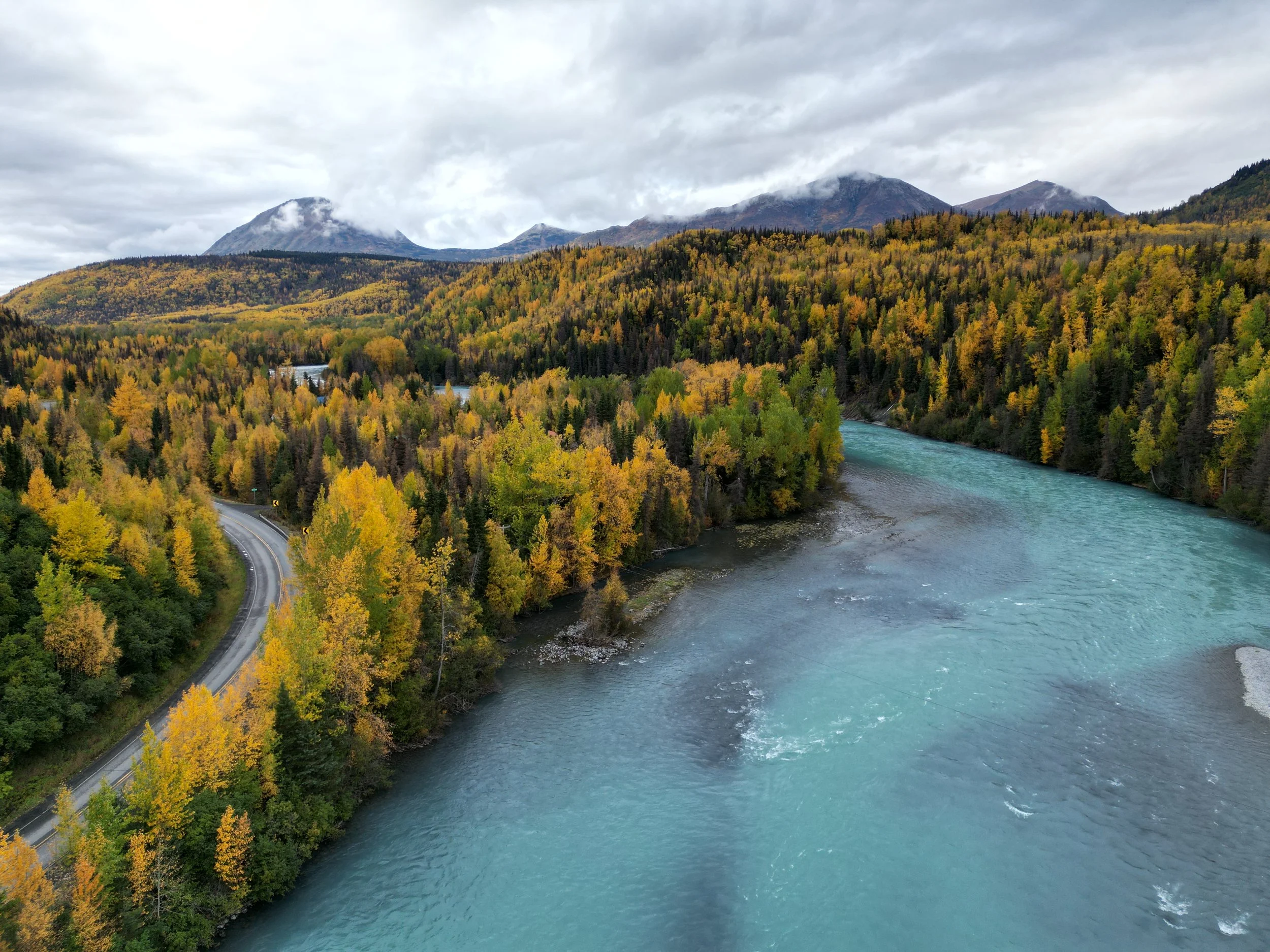 Aerial image of Cooper Landing and Kenai River in fall.
