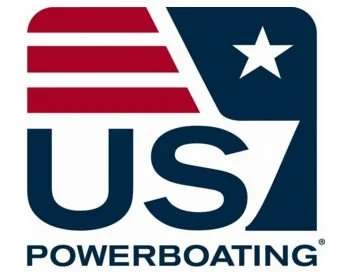 Logo of US Powerboating featuring the letters "US" with stylized red and white stripes, a blue field, and a white star, symbolizing the American flag.