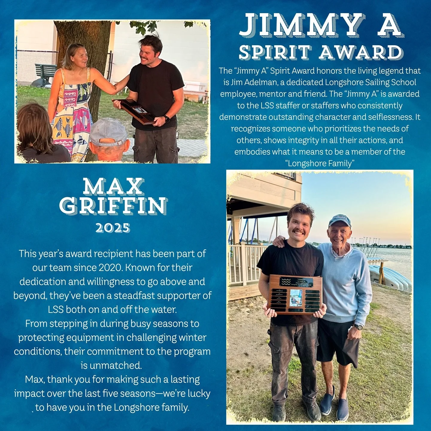 Meet Max- On August 7th during our annual Staff Banquet, Max Griffin (Westport,CT) was honored as the 2025 Jimmy A award recipient. 

#RoleModel #MakingWaves #GuidingTheWay #AnchorOfIntegrity #LeadWithHeart #fairfieldcounty #longshoresailingschool #w