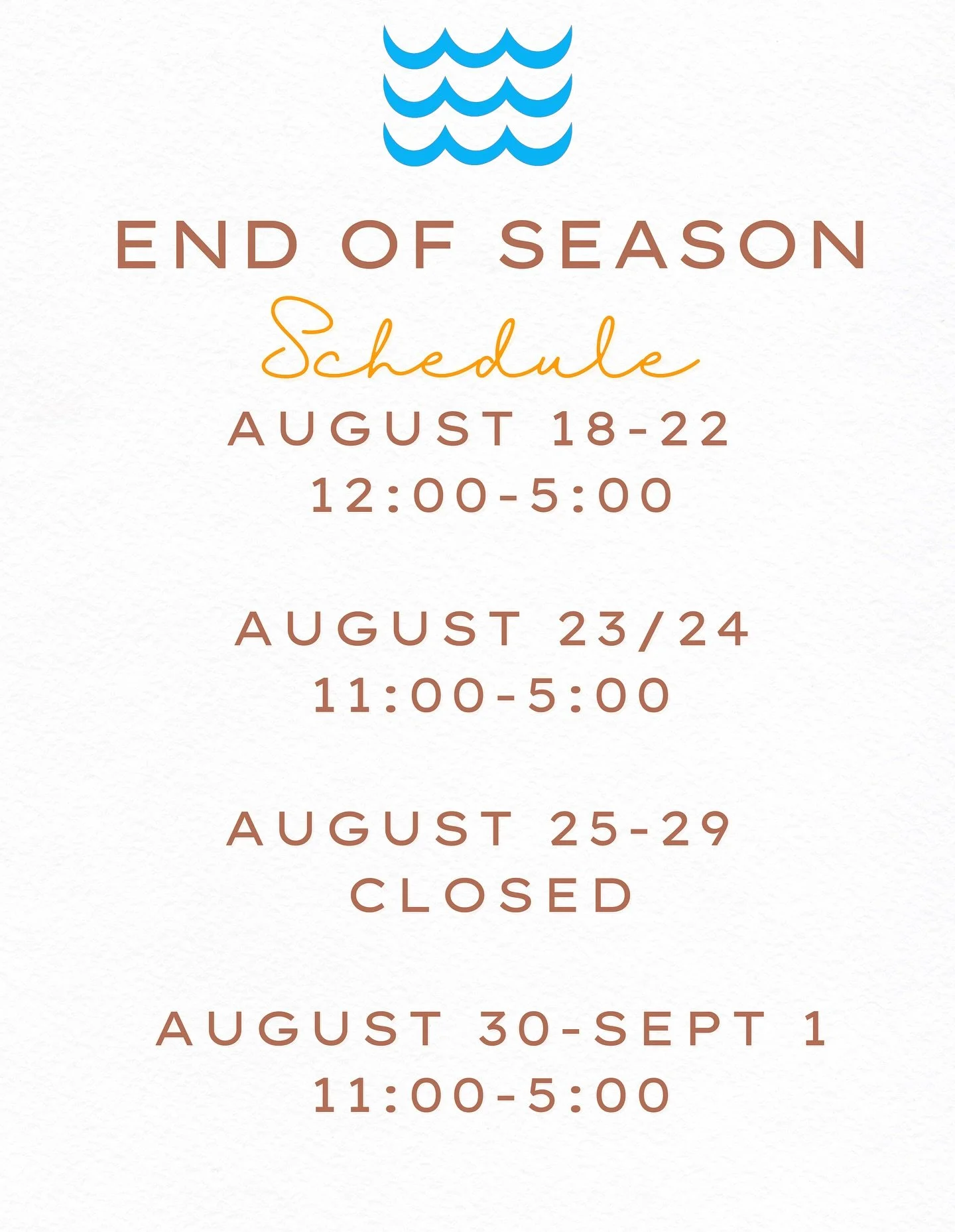 ⛵️✨ End of Season Hours ✨⛵️

It&rsquo;s hard to believe summer is wrapping up! 

Here are our final days on the water:

📅 August 18&ndash;22: 12:00&ndash;5:00
📅 August 23/24: 11:00&ndash;5:00
📅 August 25&ndash;29: CLOSED
📅 August 30&ndash;Sept 1: