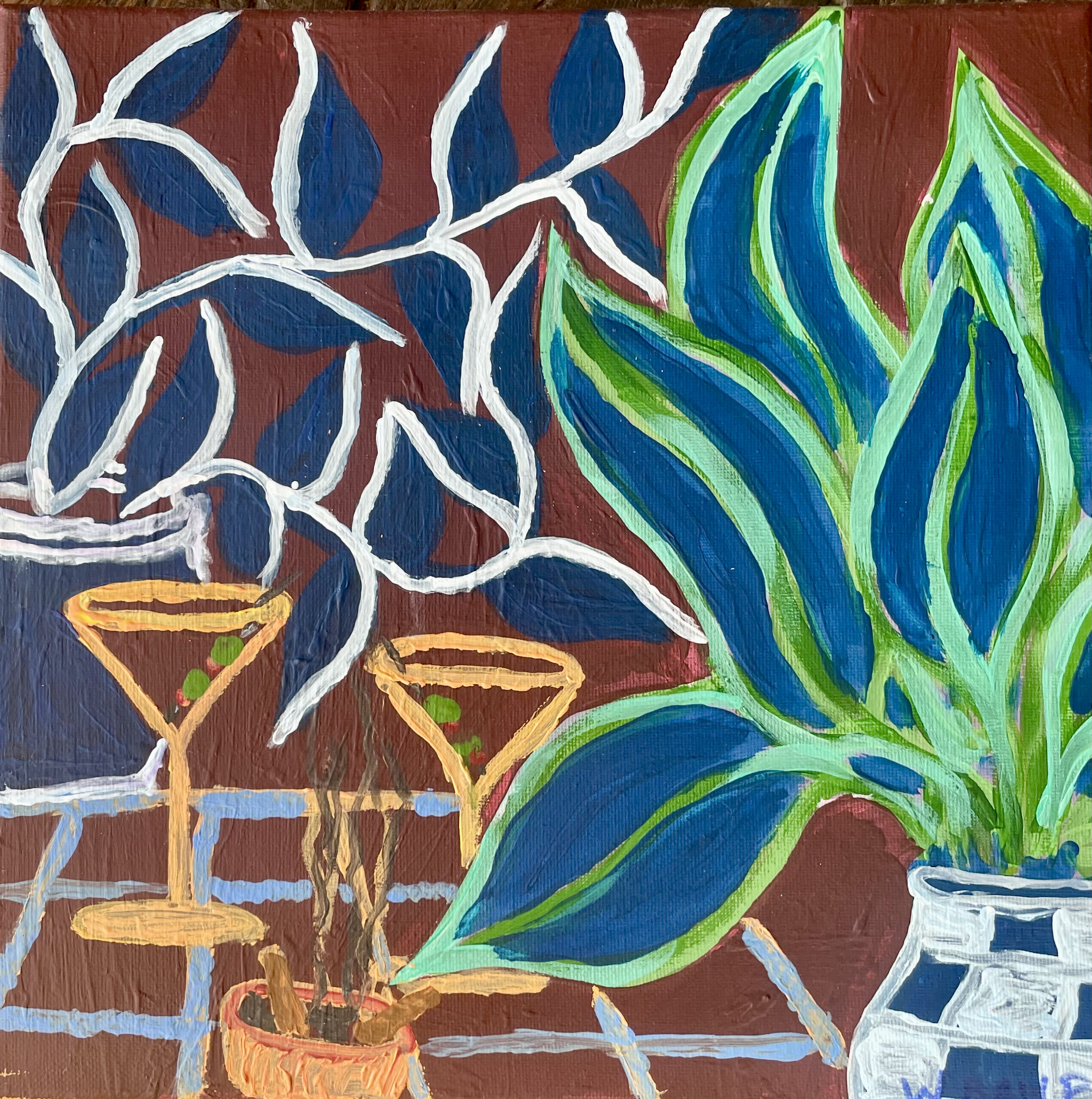 Martini and cigarettes, acrylic and watercolour on canvas, 25 x 25 cm, 2024