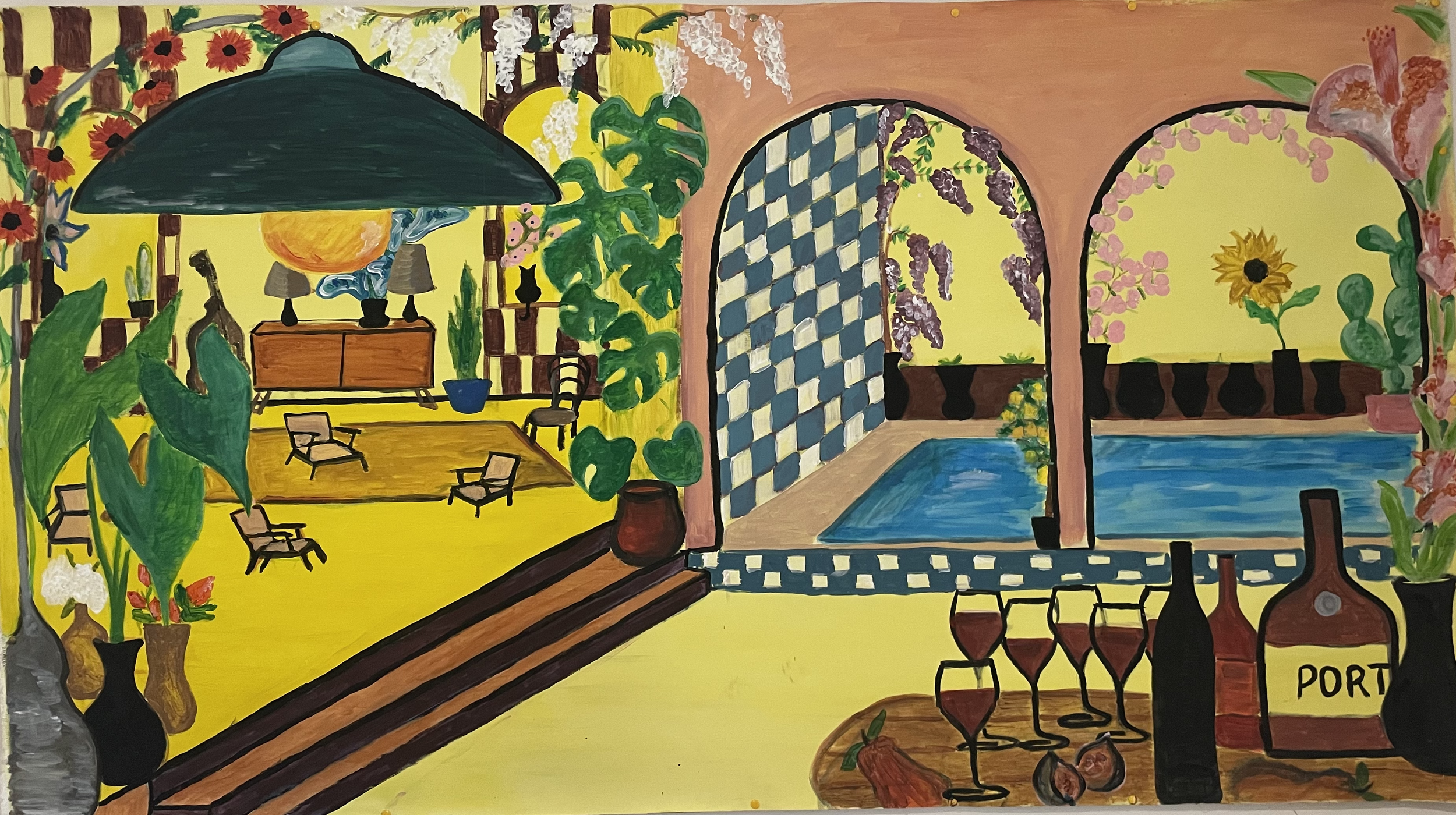 Port next to the pool,
Acrylic, watercolour and gouache on canvas,
160 x 90 cm,
2024,
private collection