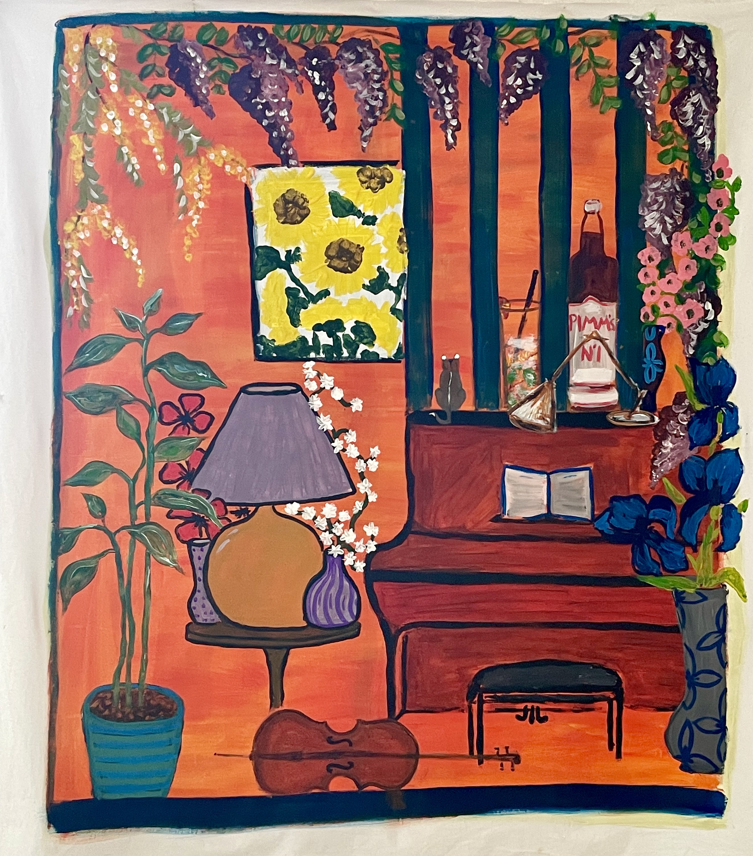Summers in Orsans,
90 x 54 cm,
Acrylic and watercolour on cotton,
2024,
private collection