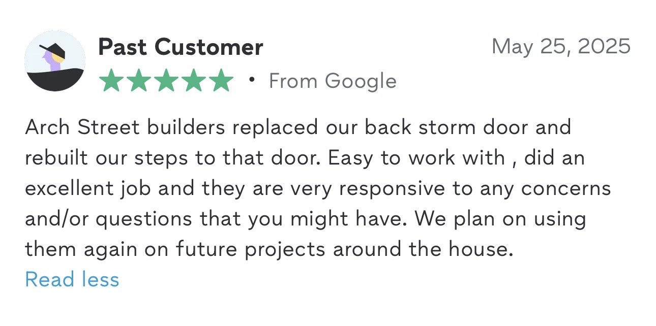 Customer review for construction work on a house, dated May 25, 2025, with a 5-star rating and text praising the builders.
