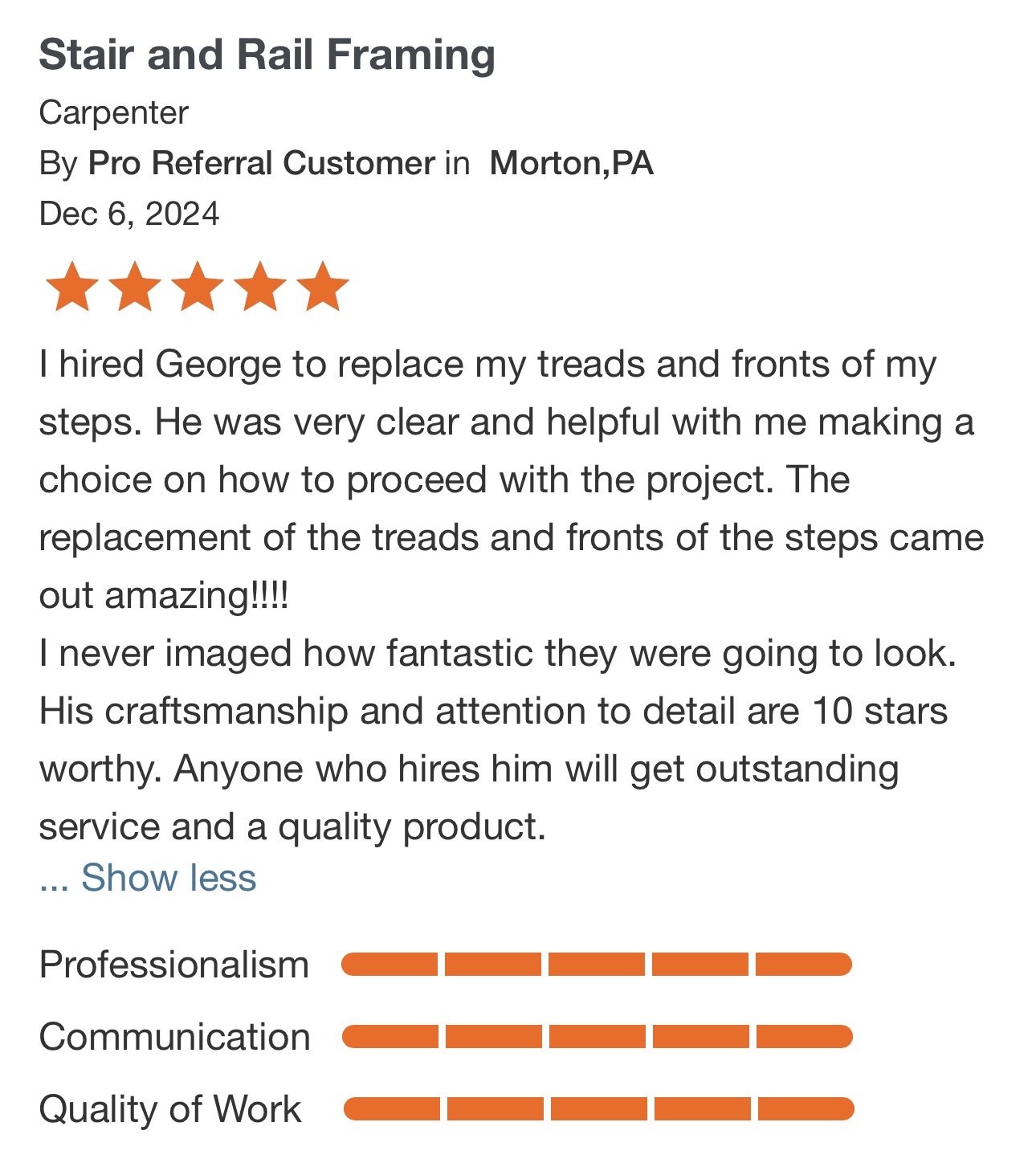 A customer review for stair and rail framing services, with a five-star rating, praising the carpenter George for his craftsmanship and attention to detail, and highlighting professional, communicative, and high-quality work.