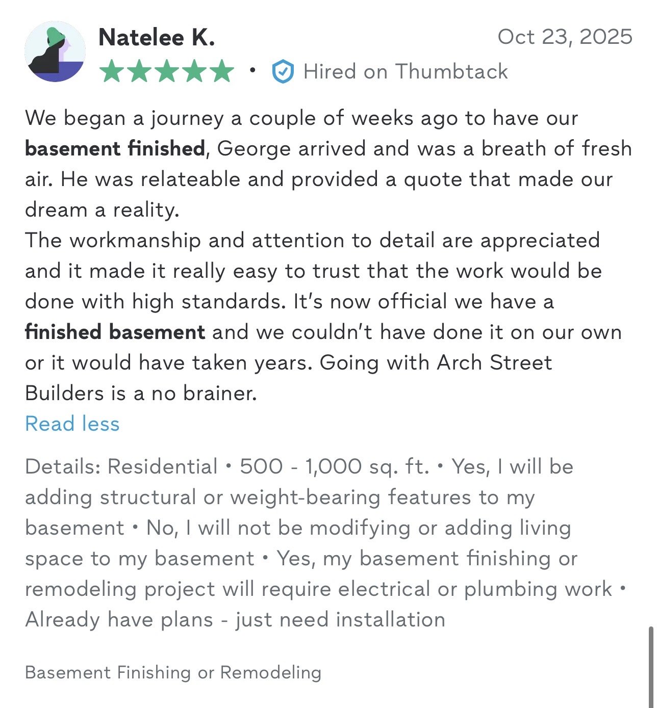 A review for a basement finishing project, dated October 23, 2025, with a five-star rating. The review describes positive experiences with the contractor, George, and the work done on the finished basement.
