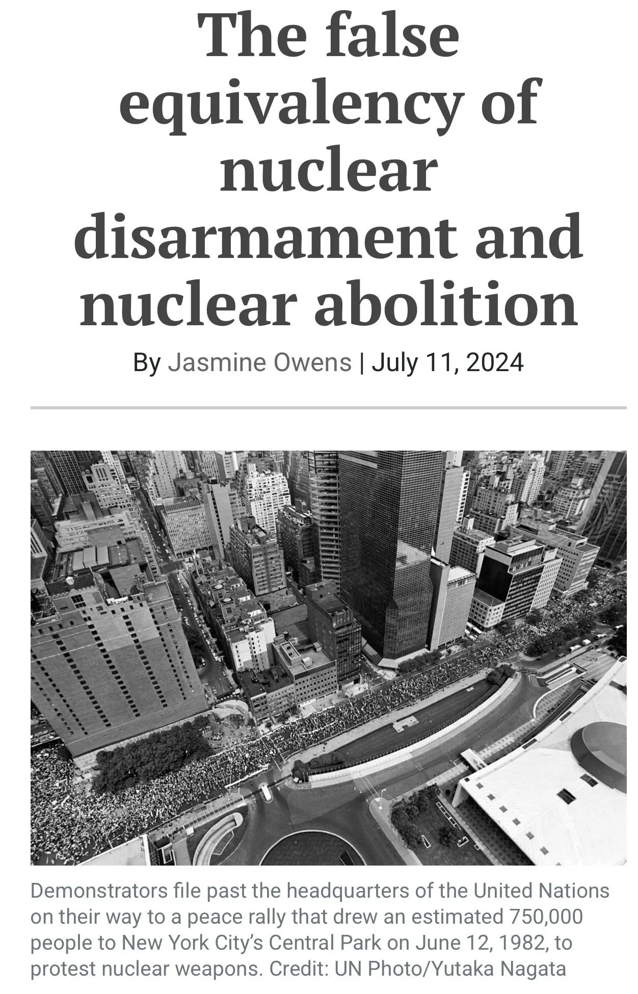 A screenshot of an article published in the Bulletin of Atomic Scientists by Jasmine Owens titled "The false equivalency of nuclear disarmament and nuclear abolition"