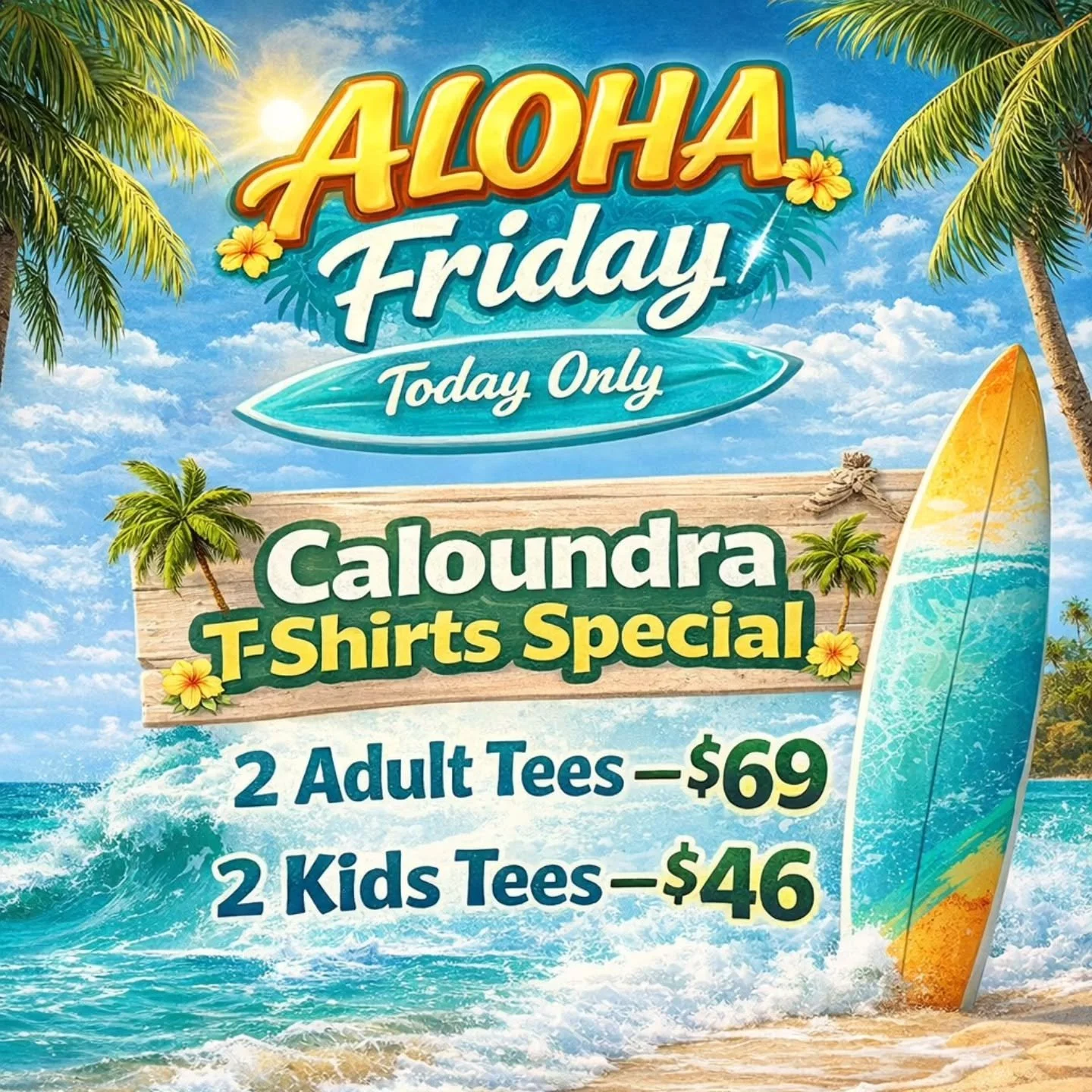 Aloha Good Friday 🌺 

All new Caloundra shirts arrived yesterday! So this is the perfect Aloha Friday deal 🌴

Open till 4pm today!