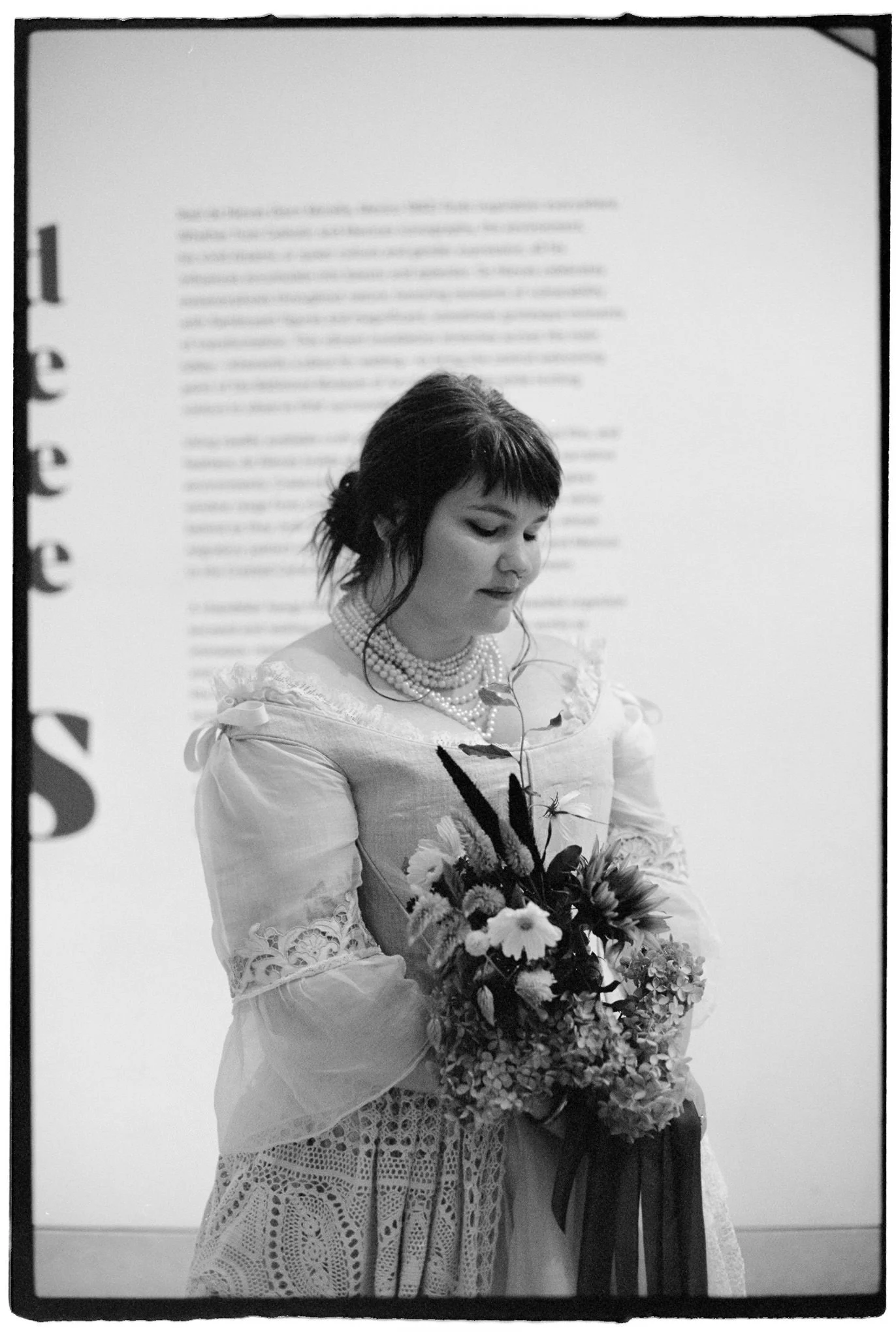 black and white portrait of bride at bma