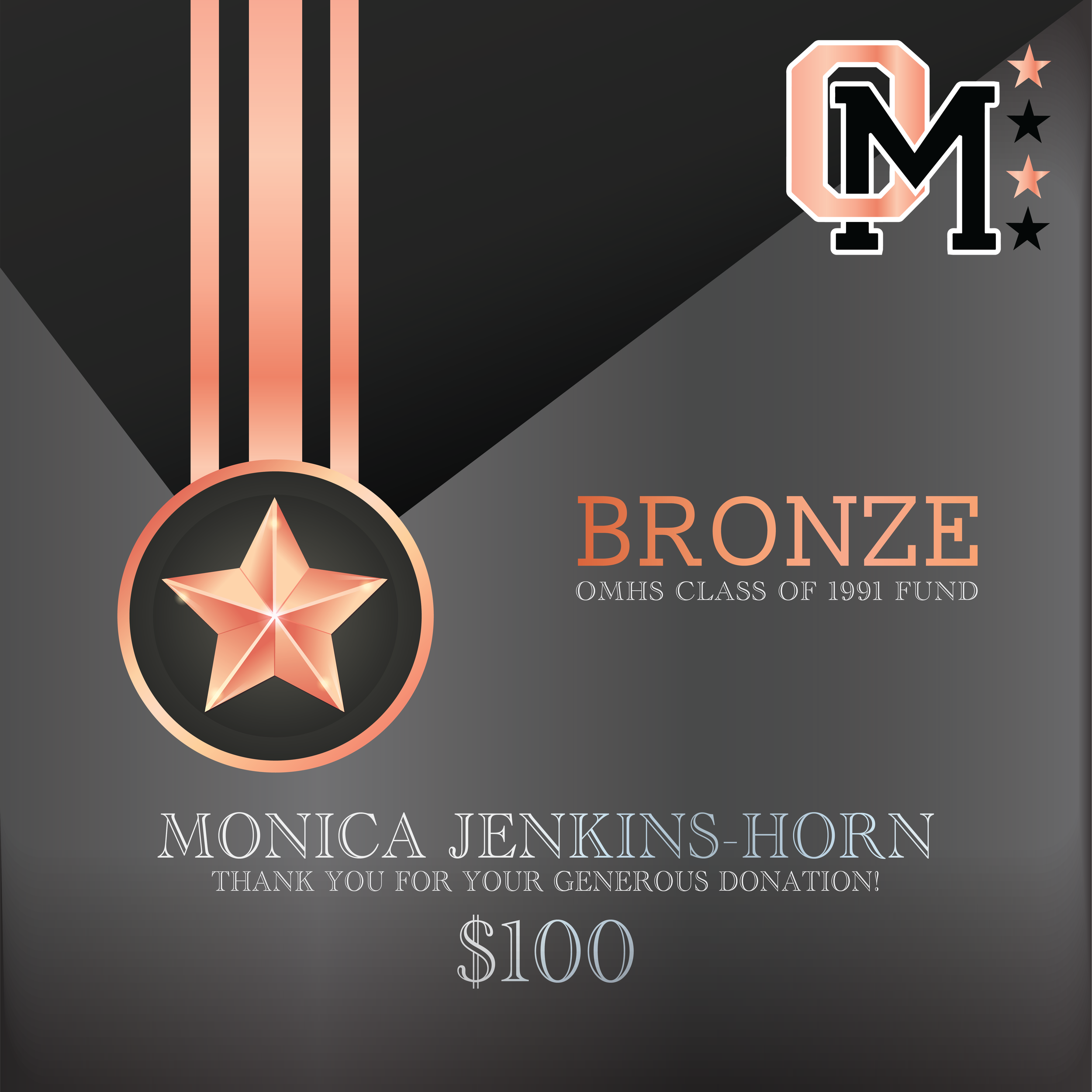 Bronze medal with a star in the center, awarded to Monica Jenkins-Horn for a donation of $100 by OMHS Class of 1991