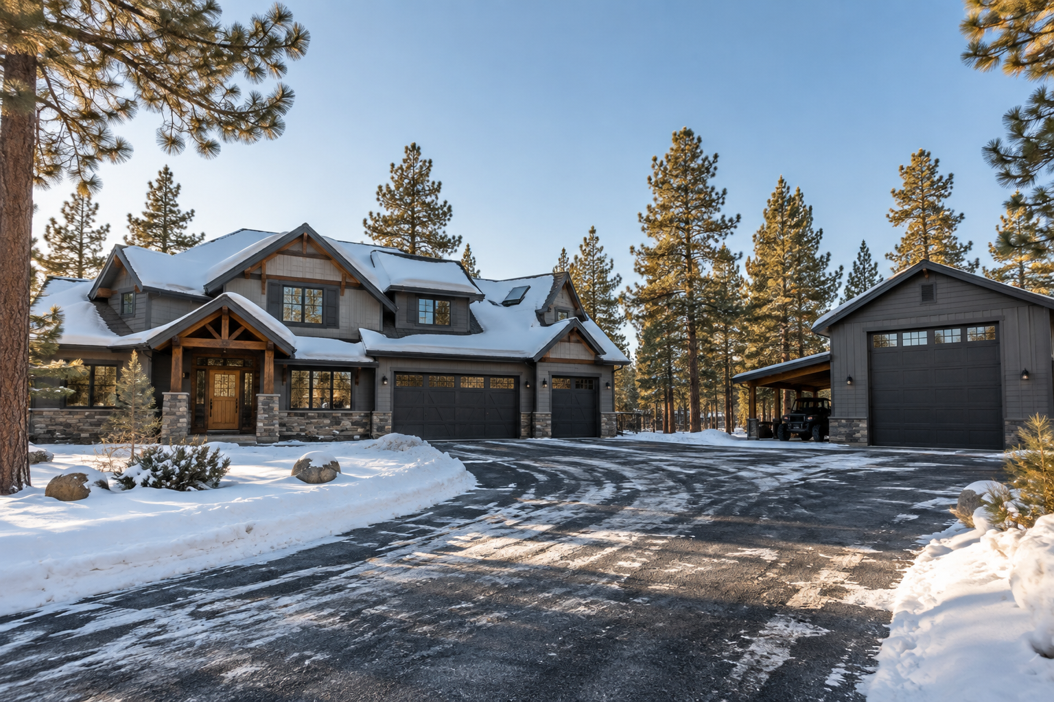Snow covered mountain home with detached garage, surrounded by pine trees and a cleared winter driveway.