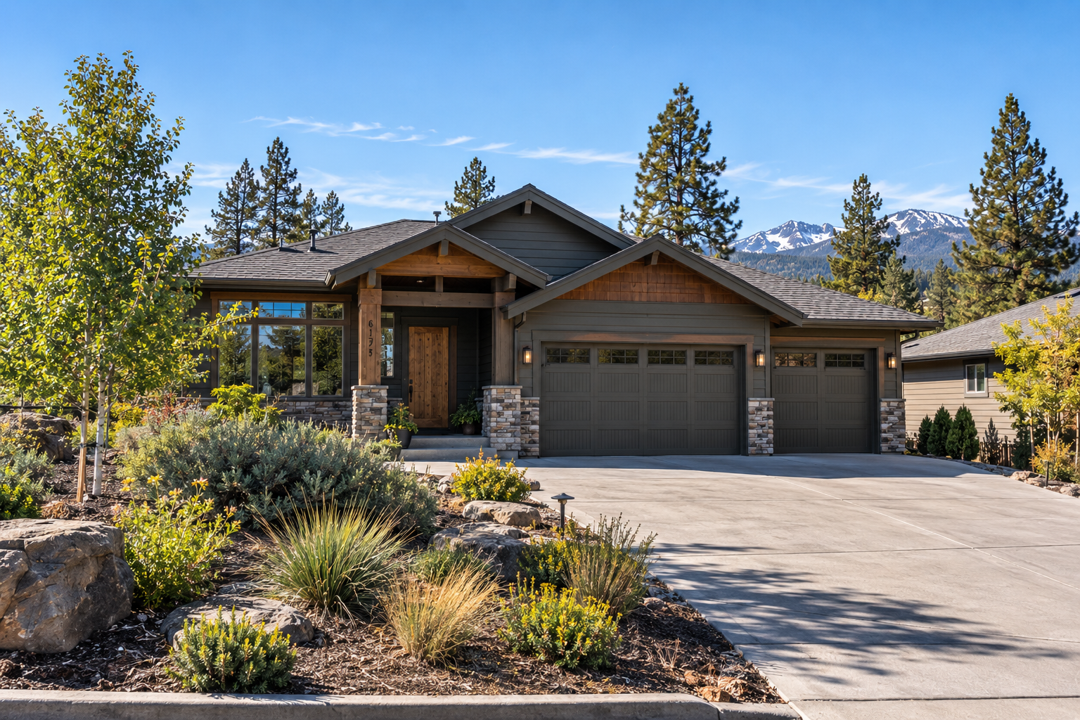 The exterior of a craftsman style home on a sunny day in Central Oregon.