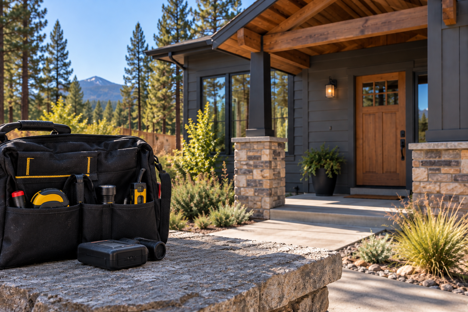 Home Inspection tool bag with inspection equipment outside a modern mountain home, framed by trees and scenic peaks.